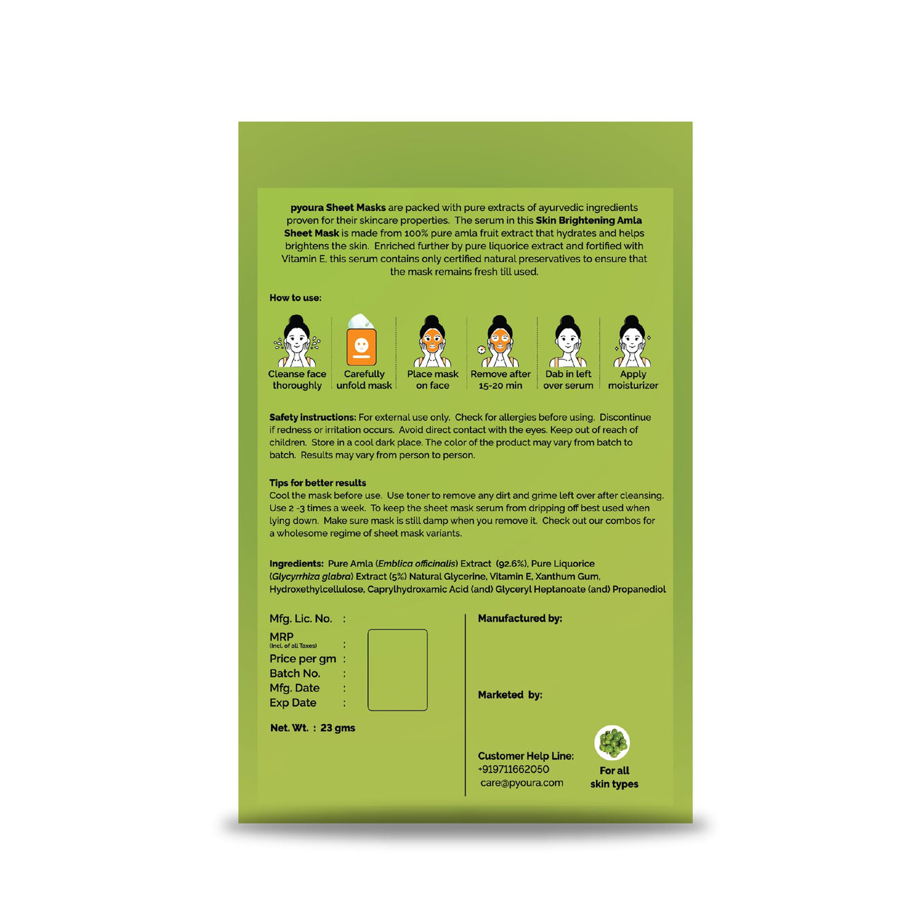 PYOURA Amla Revitalizing Face Sheet Mask, Pure Amla Extract, Alcohol & Paraben-Free, Refreshes Skin, Reduces Dullness, Brightens Skin Tone, Vegan & Cruelty-Free | Pack of 2, Each 23g