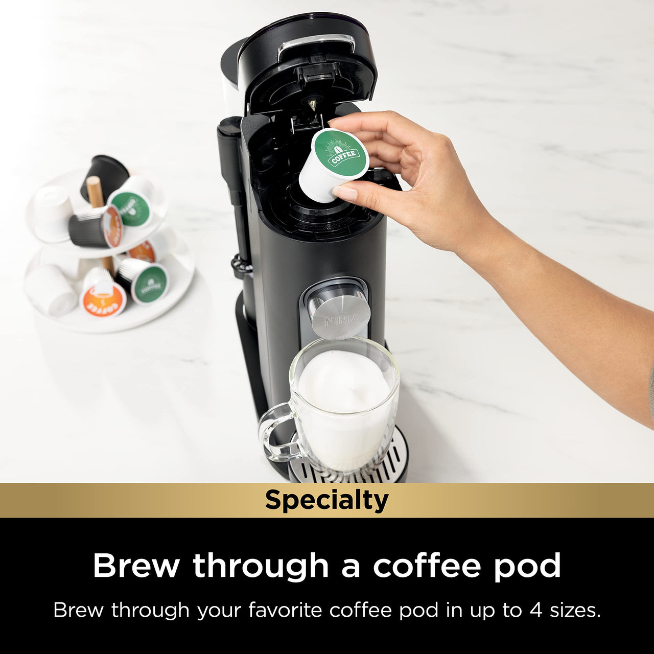 Ninja Pods & Grounds Specialty Single-Serve Coffee Maker, K-Cup Pod Compatible, Built-In Milk Frother, 6-oz. Cup to 24-oz. Travel Mug Sizes, Iced Coffee Maker, Glacier Blue, PB051GB