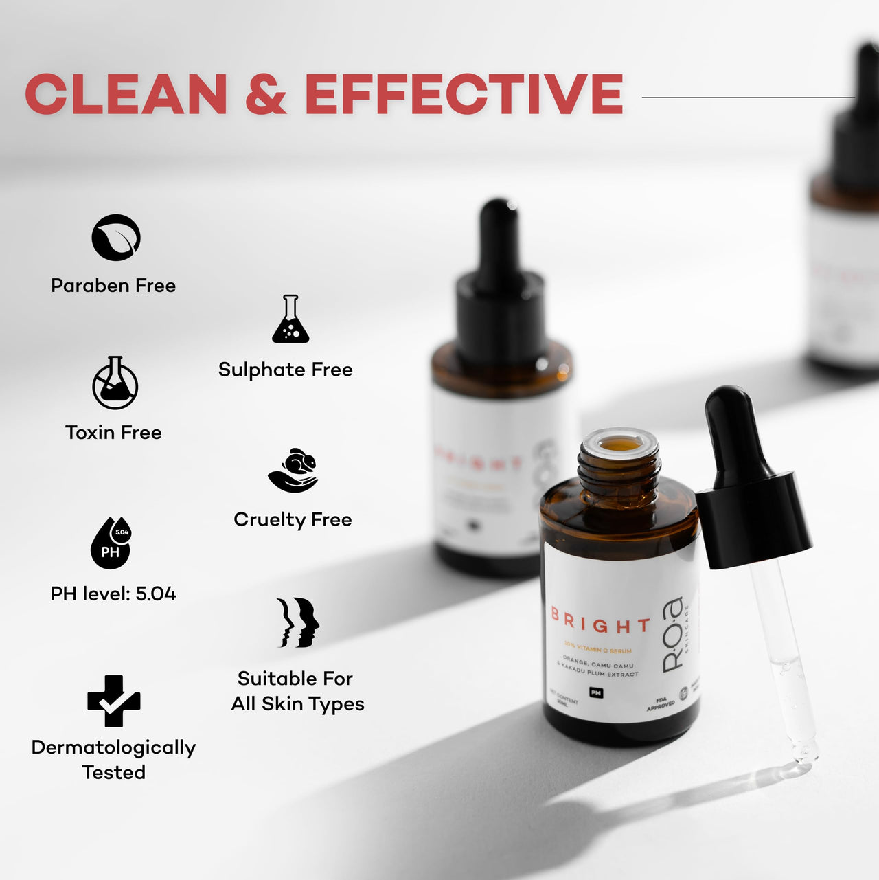 R.O.A Skincare BRIGHT 10% Vitamin C face serum for Men and women 30ml | Brightening glow Vitamin C face serum for dry sensitive or combination skin with Orange, Kakadu plum and Camu Camu extract