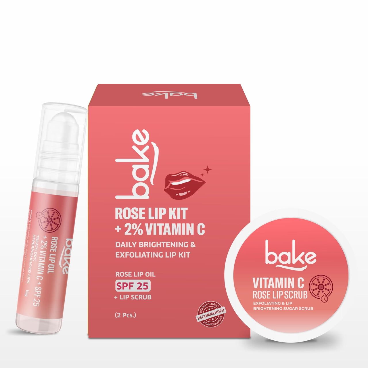 BAKE Vitamin C Rose Tinted Lip Kit | Lip Lightening Scrub for Dark Lips Exfoliation | For Hyperpigmented Lips, Dehydrated Lips, Flaky Lips & Chapped Lips | For Men & Women | 25g (Rose Lip Kit)