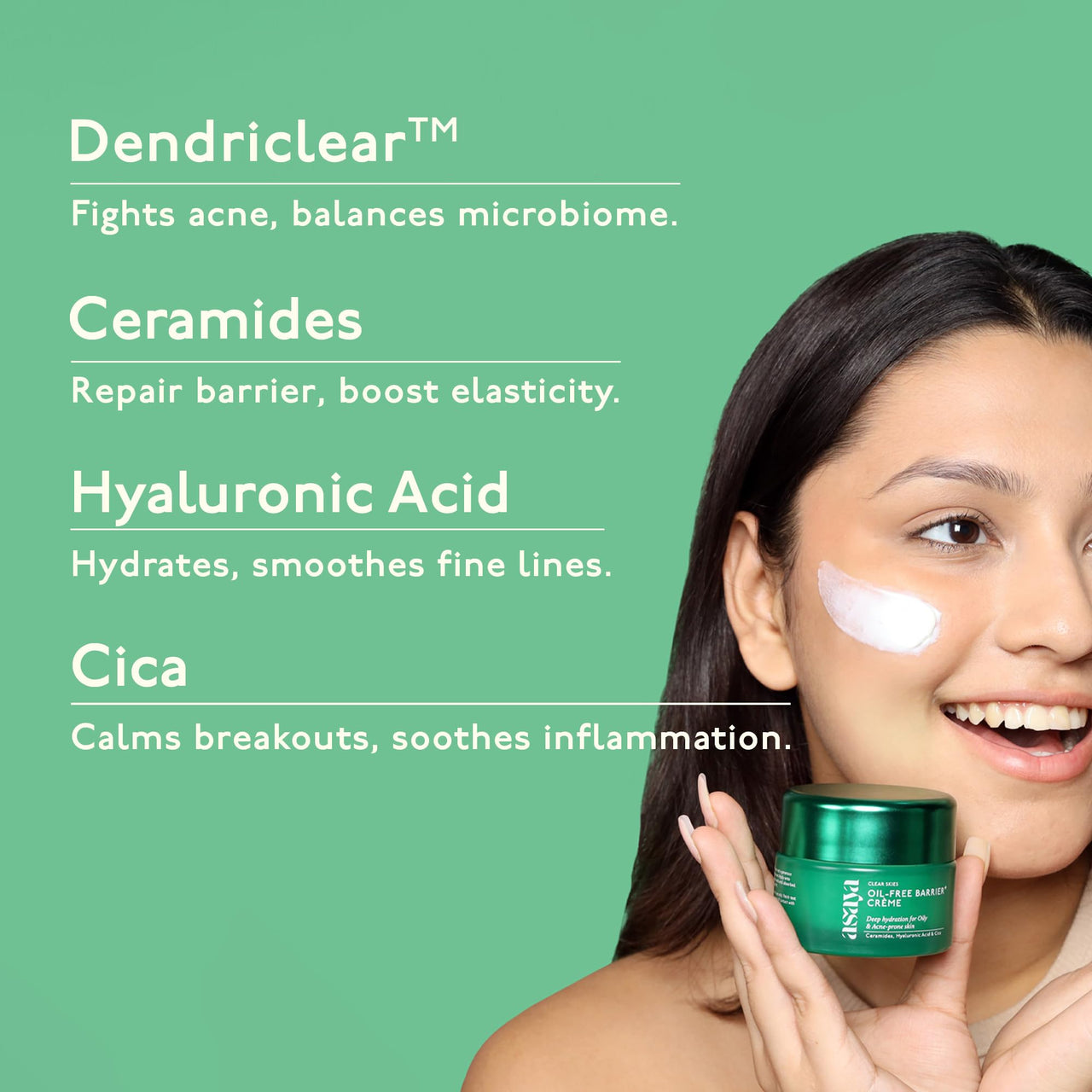 Asaya Barrier+ Oil-Free Moisturizer | Niacinamide, Hyaluronic Acid & Ceramides | With Dendriclear™ for Acne-Prone Skin | Fights Active Acne & Prevents Breakouts | Strengthens Skin Barrier | Lightweight, Non-Greasy & Hydrating | Cica for Soothing & Oil Con