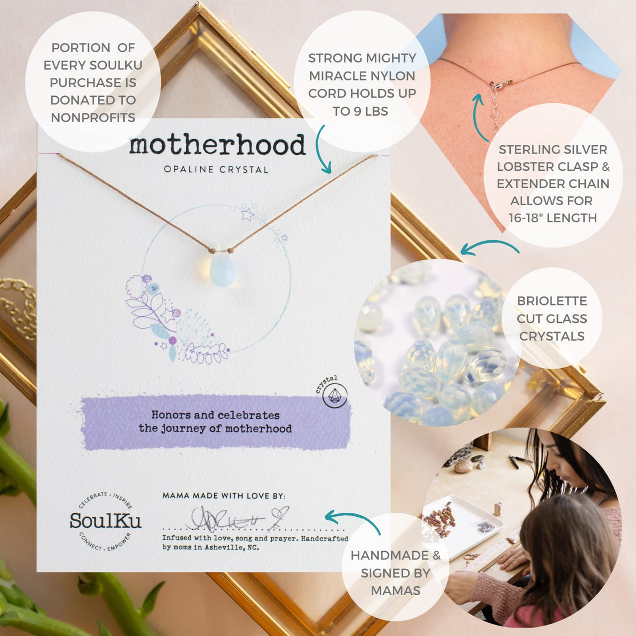 SoulKu Soul Shine Handmade Necklace, Empowering Jewelry With Healing Crystal, Inspirational Jewelry For Women, Mom & Sister, 2"" Extender With Lobster Clasp, 16"" Nylon Cord (Opaline, Motherhood) Opaline
