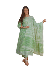 MEERA FAB Women's  Cotton Printed Zari Embrodriery Anarkali Kurta with Palazzo & Dupatta