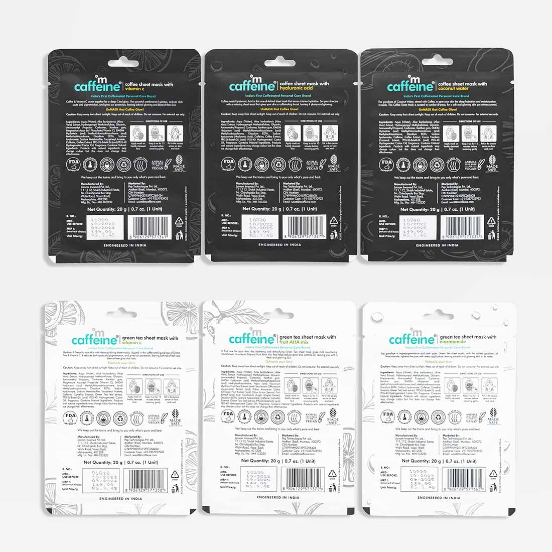 mCaffeine Green Tea & Coffee Sheet Masks with Vitamin C, Hyaluronic Acid, Niacinamide, Coconut Water & Fruit AHA Mix for Hydrated & Glowing Skin| Face Sheet Masks for Women & Men - Pack of 6 | 120g