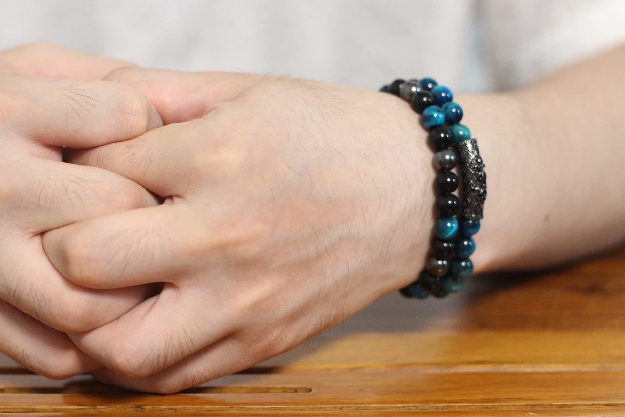 2Pcs Triple Protection Bracelet,Natural Tigers Eye Black Obsidian and Hematite 8 MM Beads Bracelet for Men Women Gift, Healing Crystal Bracelet Bring Luck and Prosperity and Happiness (Lake Blue) Lake Blue