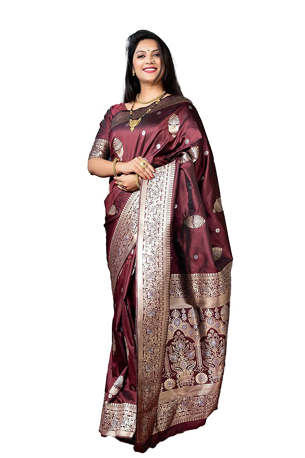 SGF11- Women's  Kanjivaram Pure Soft Silk Handloom Saree Pure Golden Zari With Blouse Piece