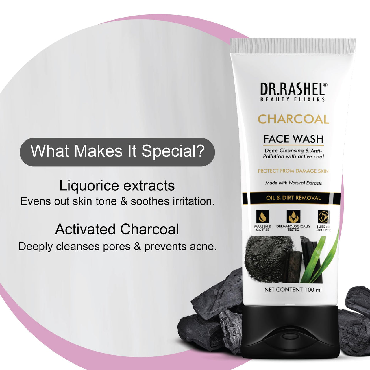 DR.RASHEL Charcoal Face Wash Deep Cleansing & Anti-Polltion with Active Cool with No Parabens, SLS, Silicones & Colour (100 ml)