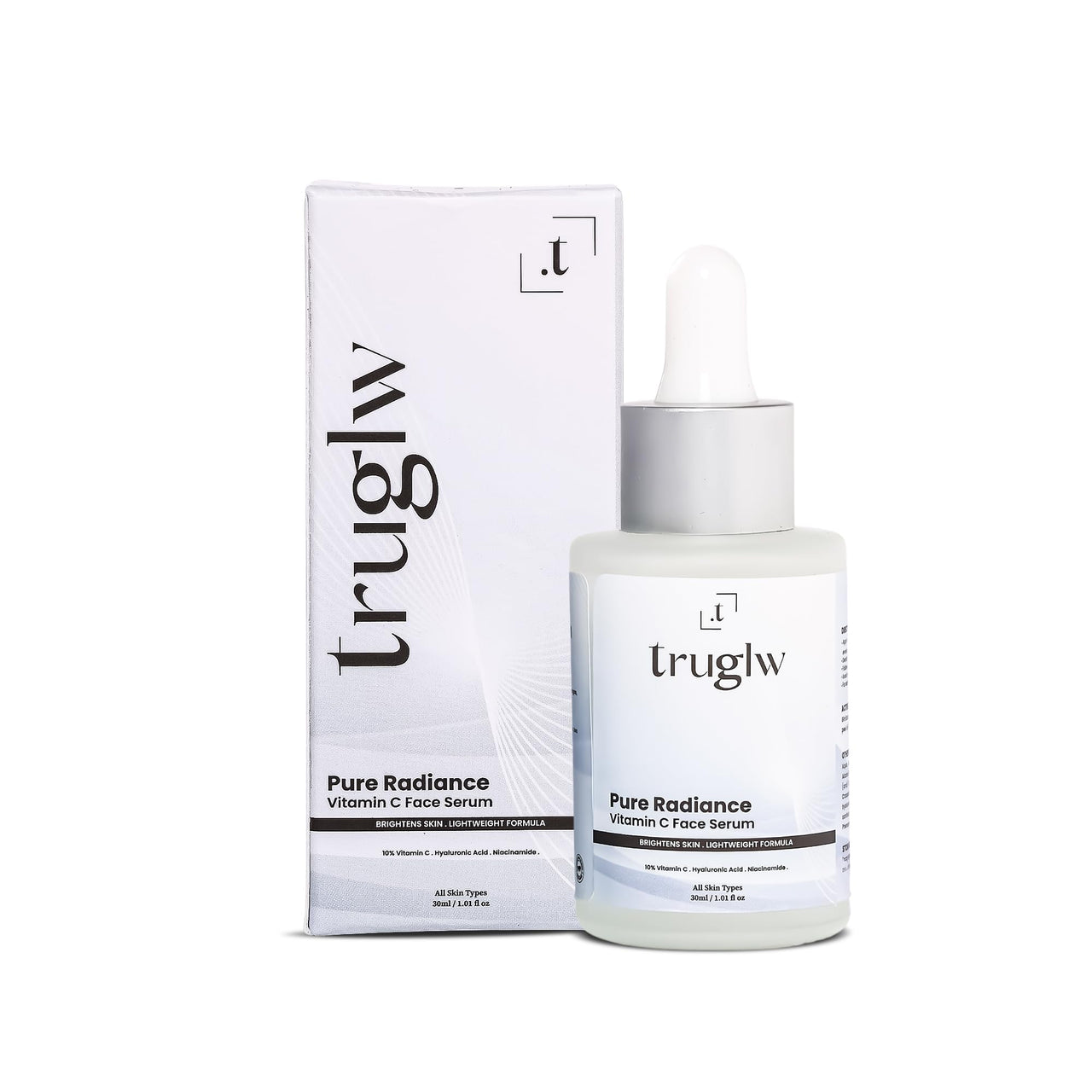 Truglw 10% Vitamin C Serum for Face, Hydrates Dry Skin with 1% Hyaluronic Acid, 5% Niacinamide, Brightens Dull Skin, Fades Dark Spots, Reduces Pigmentation, For Sensitive and Acne-Prone Skin - 30ml