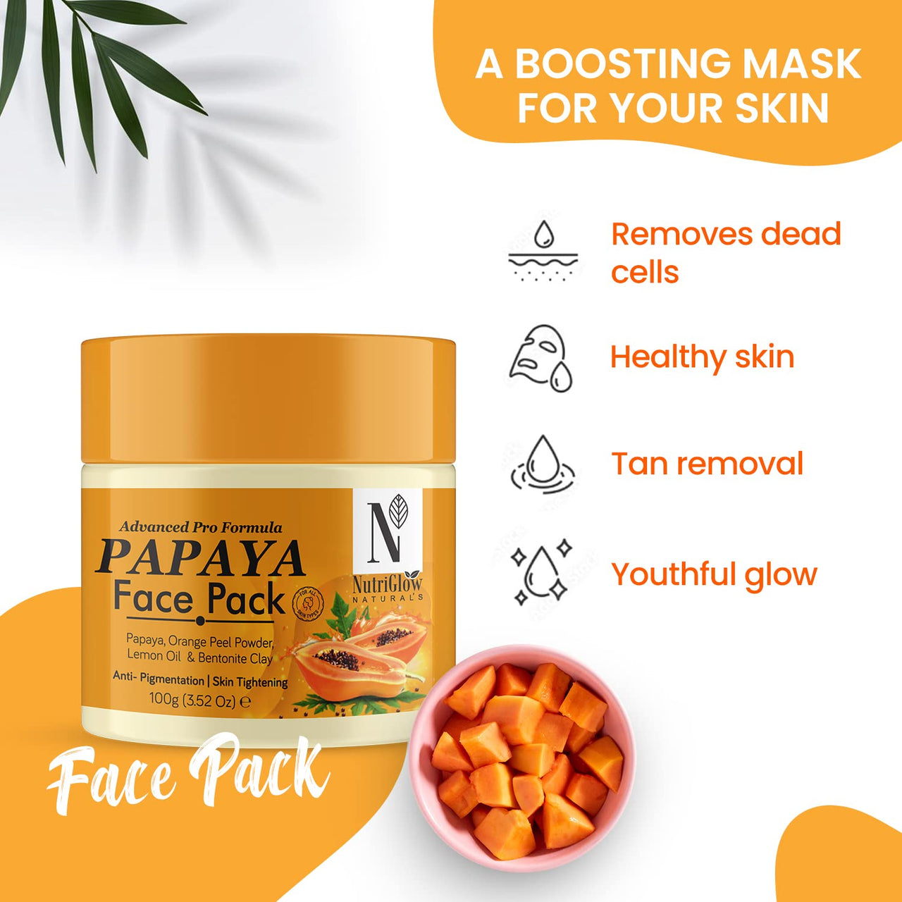 NutriGlow NATURAL'S Advanced Pro Formula Papaya Face pack, Clay Based, Skin Lightening For Dry & Oily Skin, 100g