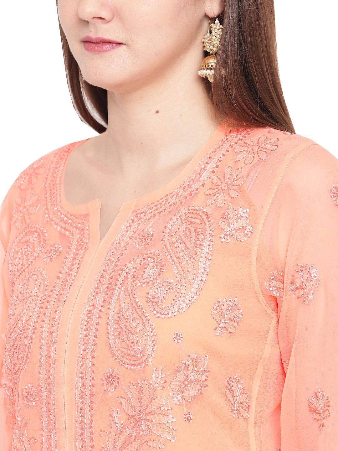 Ada Lucknowi Hand Embroidered Chikankari Women's  Georgette Kurta Kurti with Slip