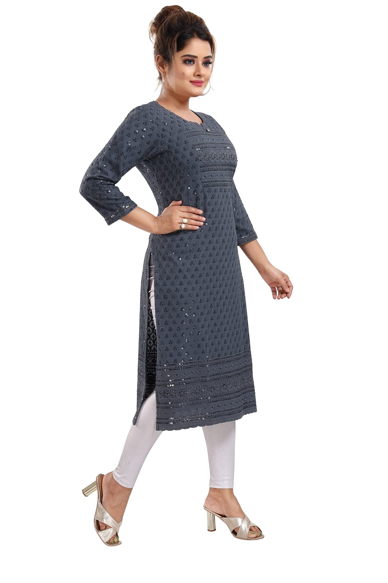 QUEEN SHIELD Women's  Knee Length Rayon Chikan-Kari KurtaKurti (QS_6631)