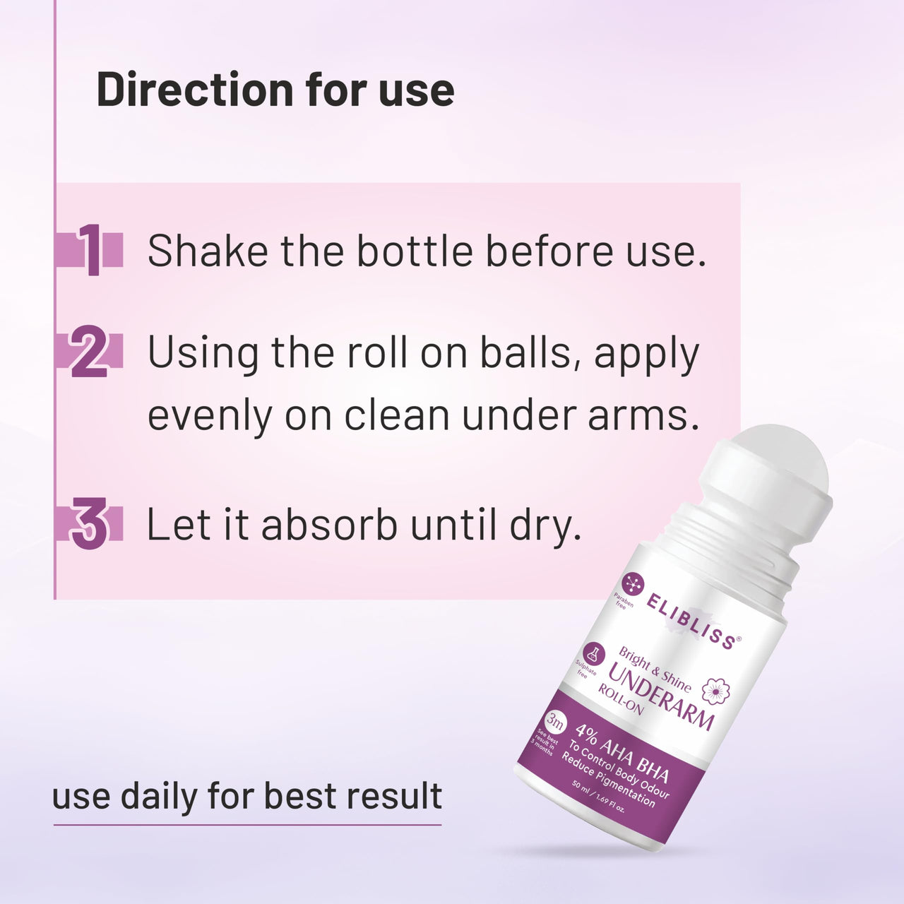 ELIBLISS Bright & Shine Underarm Roll-On with 4% AHA BHA to Control Body Odour & Reduce Pigmentation, Paraben & Sulphate Free, Visible Results in 3 Months 50ml