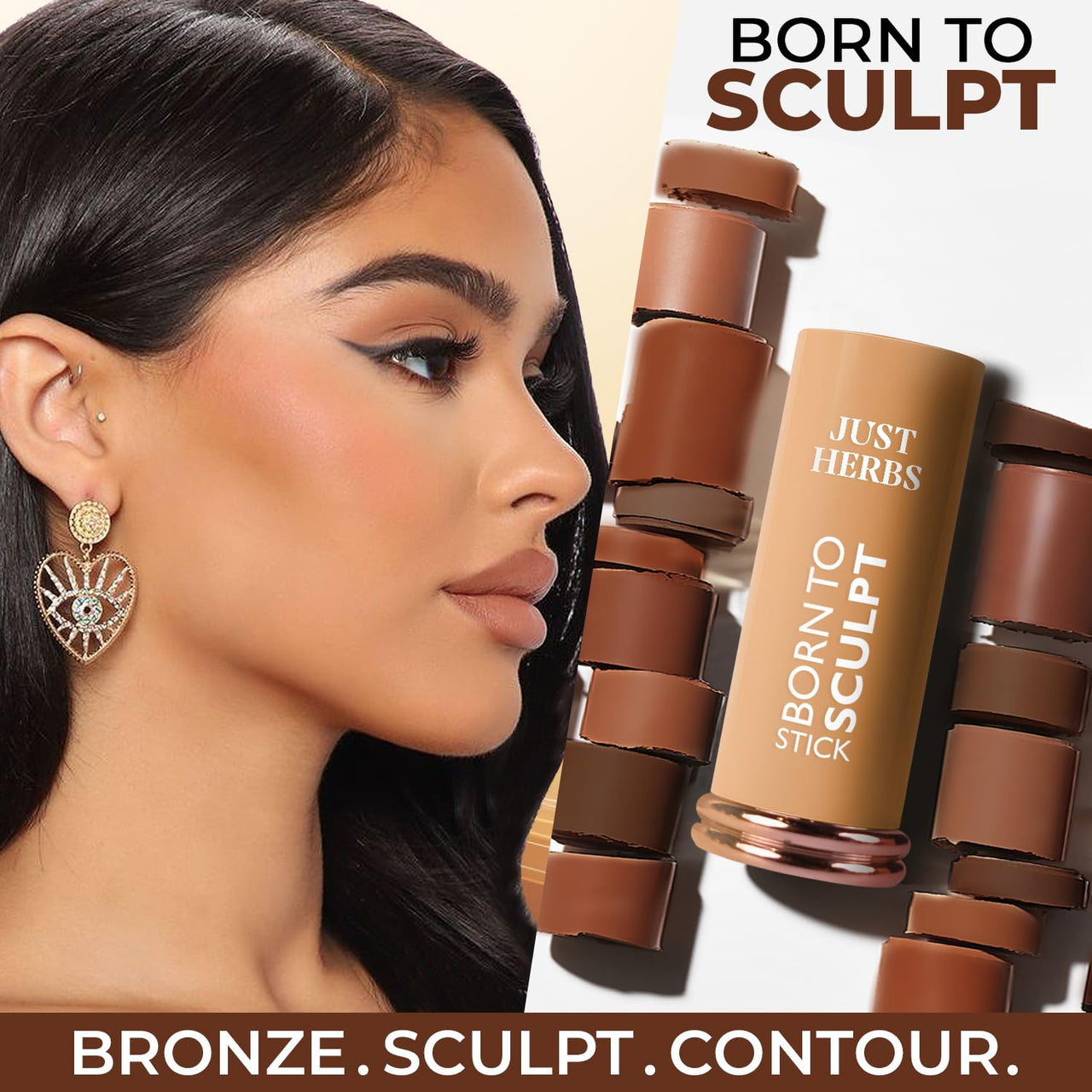 Just Herbs Super Hydrating Born To Sculpt Long Stay Bronzer Stick with Shea Butter | Richly Pigmented | Defines and Uplift Appearance | Matte Finish | All Skin Types for Women 14g (Latte)