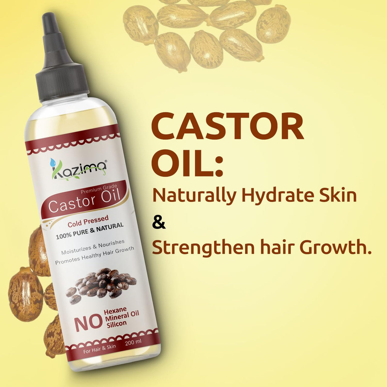KAZIMA Cold Pressed Extra Virgin Castor Oil for Hair Growth | Moisturizes Skin and Reduces Wrinkles | 100% Pure Castor Oil Cold Pressed for Skin and Hair | 200 ml