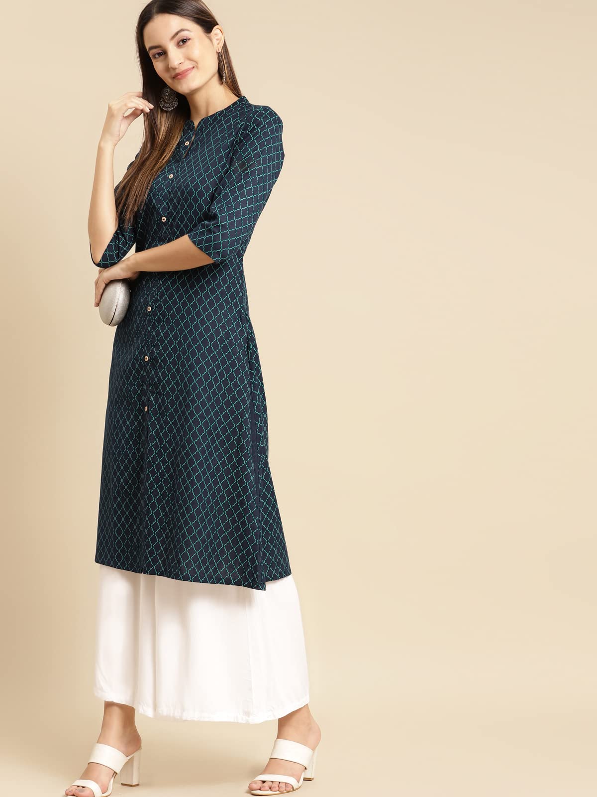 rangita Women Cotton Front Button Placket Calf Length A line Kurti