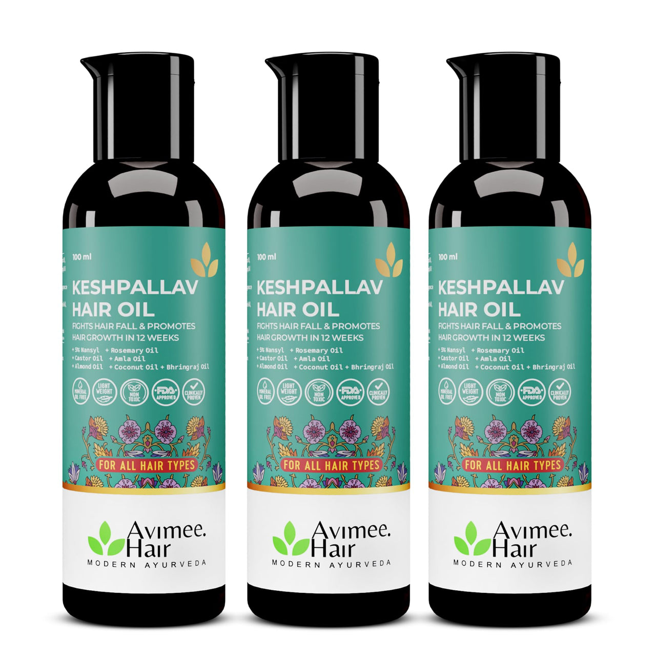 Avimee Herbal Keshpallav Hair Oil For Men & Women | Promotes Hair Growth & Reduces Hair Fall | With Rosemary, Castor, Amla, Coconut and Bhringraj Oil | Mineral Oil Free (Pack of 3)