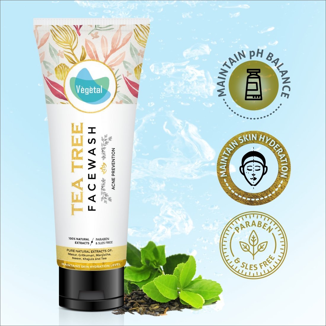 Vegetal Tea Tree Face Wash- Made of 100% natural extracts of Green Tea, Neem, Manjistha, & Khajoor- Anti Acne, Oil control, Free of Parabens, SLES & Harmful Chemicals