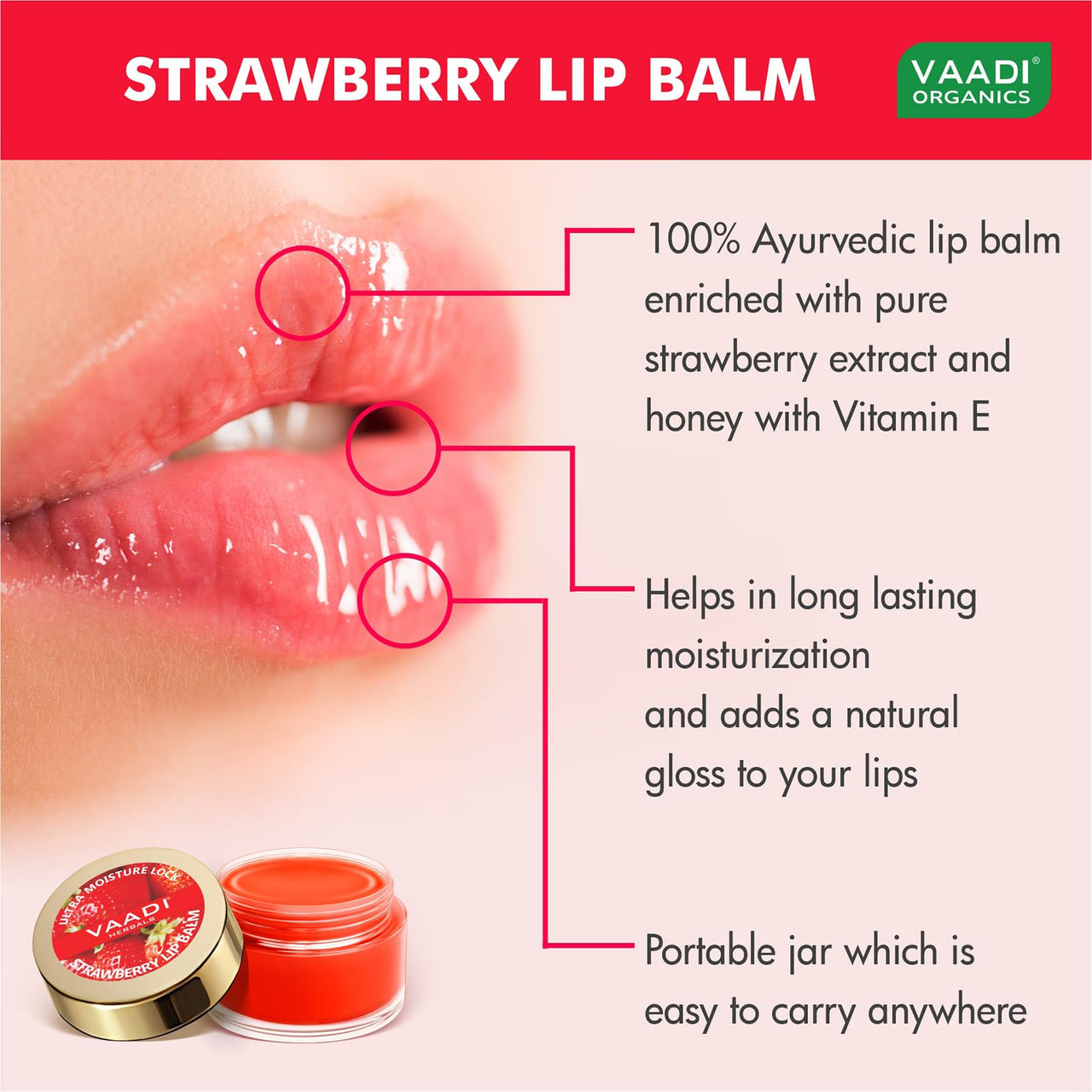 Vaadi Herbals Lip Balm, Strawberry And Honey, 10g (Pack Of 4)