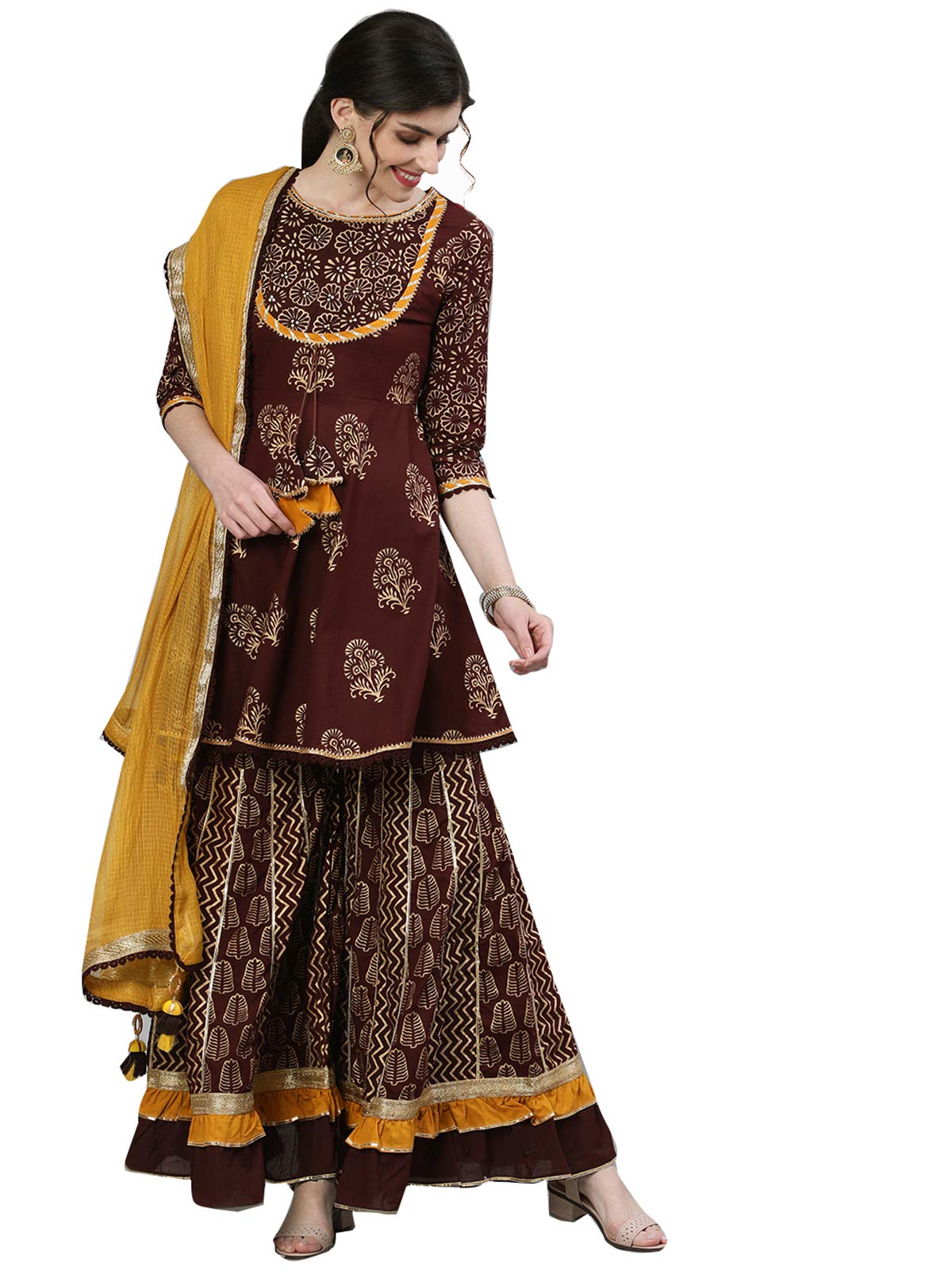 Ishin Women's  Cotton Brown Embellished Peplum Kurta Sharara Dupatta Set