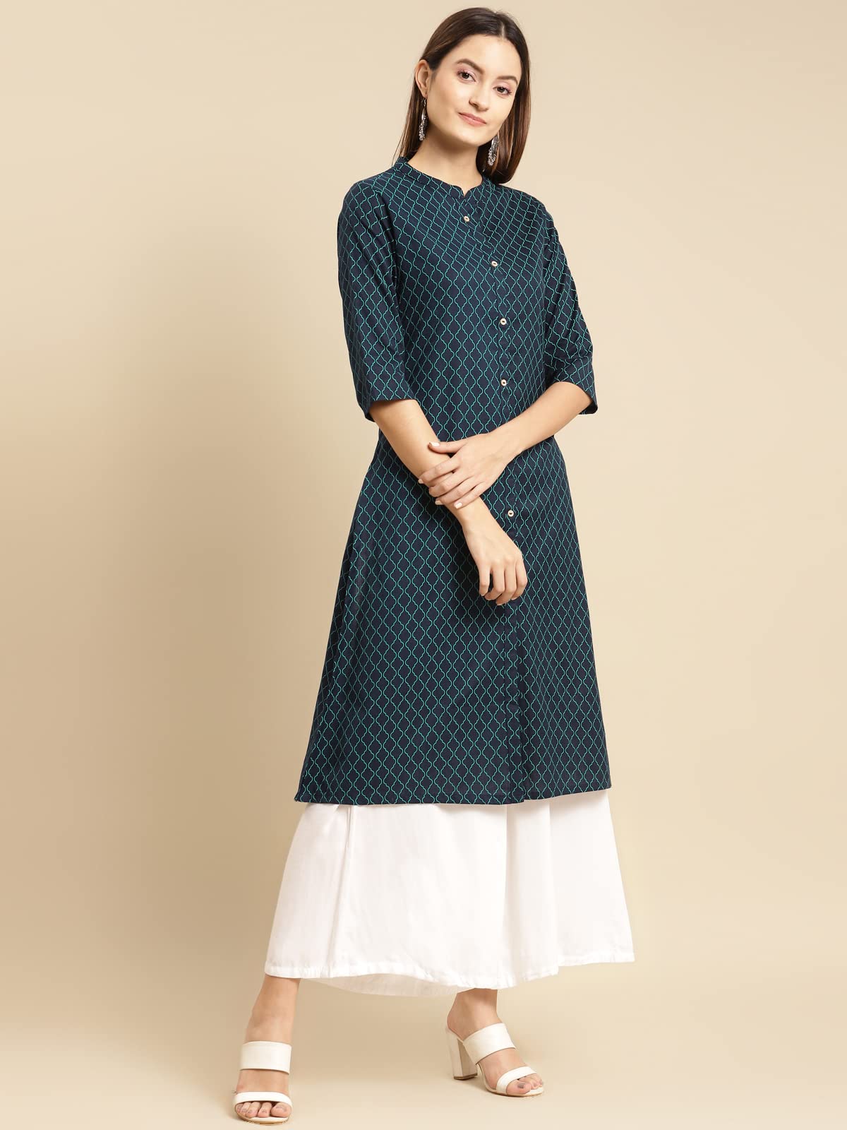 rangita Women Cotton Front Button Placket Calf Length A line Kurti