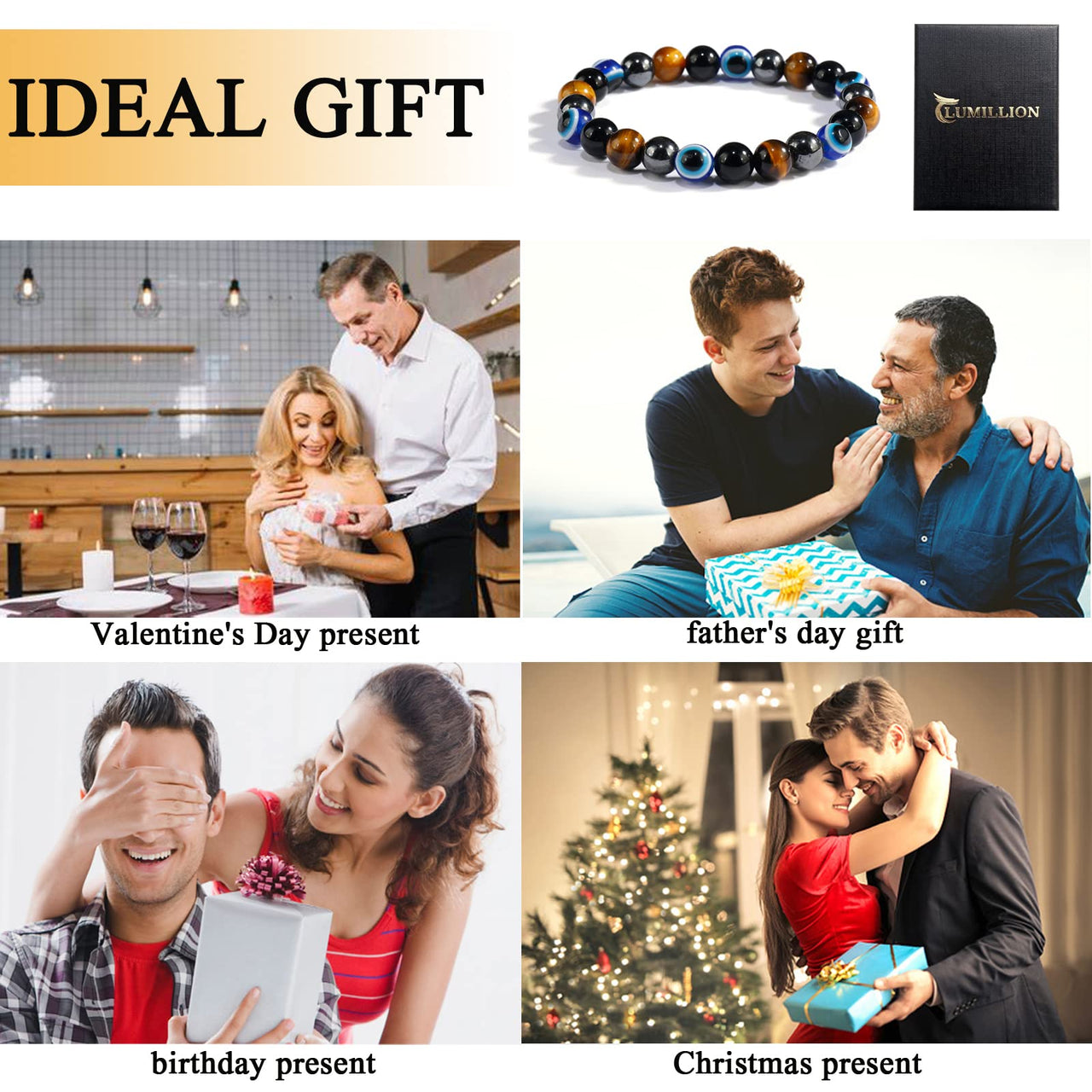 Quadruple protection bracelets for men and women（evil eye, tigers eye,hematite, obsidian）A handmade beaded crystal healing bracelet that can bring luck, happiness and protection(8mm elastic) 8mm elastic