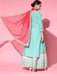 ishin Women's  Pure Cotton Green Embroidered A-Line Kurta Suit Set with Dupatta & Sharara