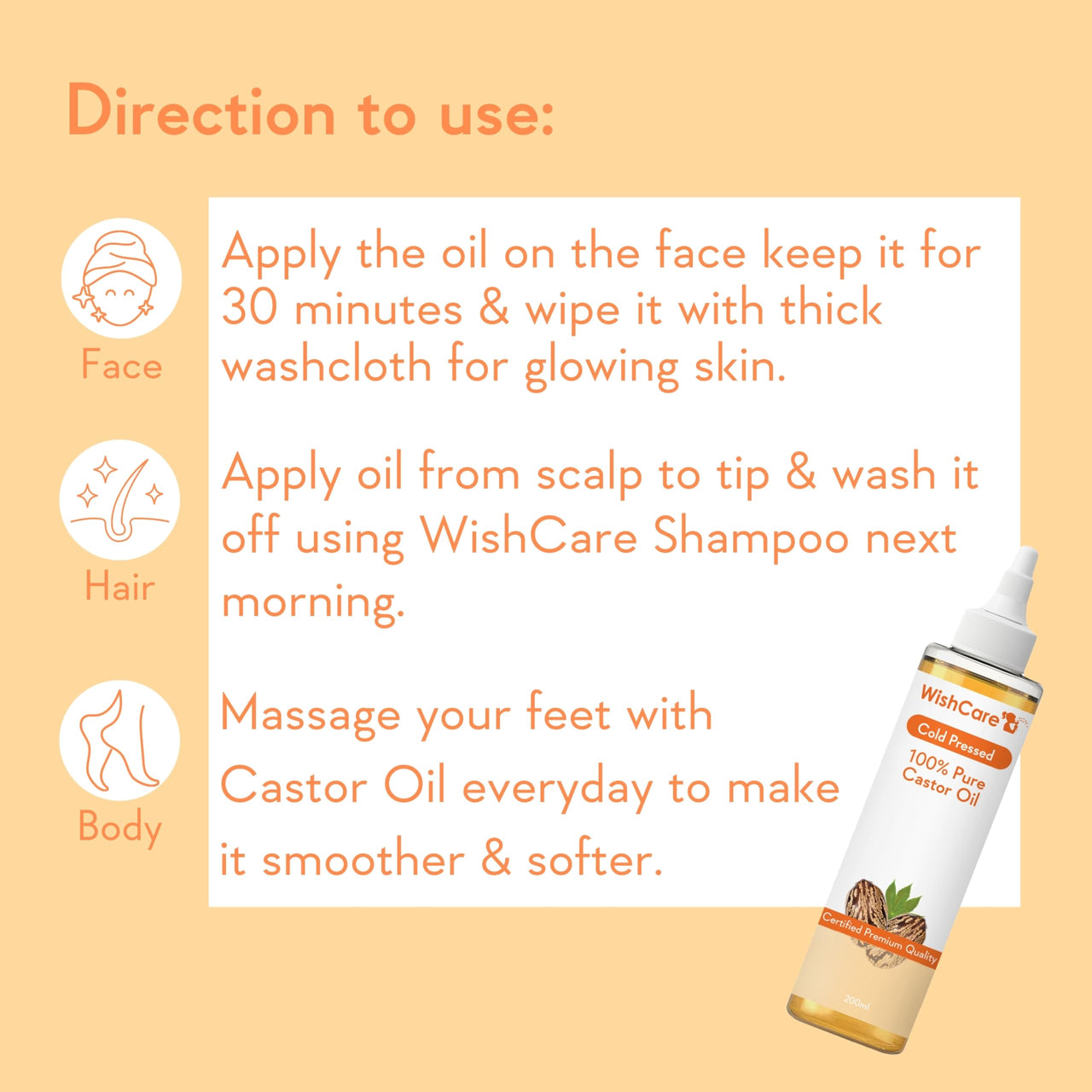 WishCare Premium Cold Pressed Castor Oil - Pure & Virgin Grade - For Healthy Hair and Skin, 200 ml