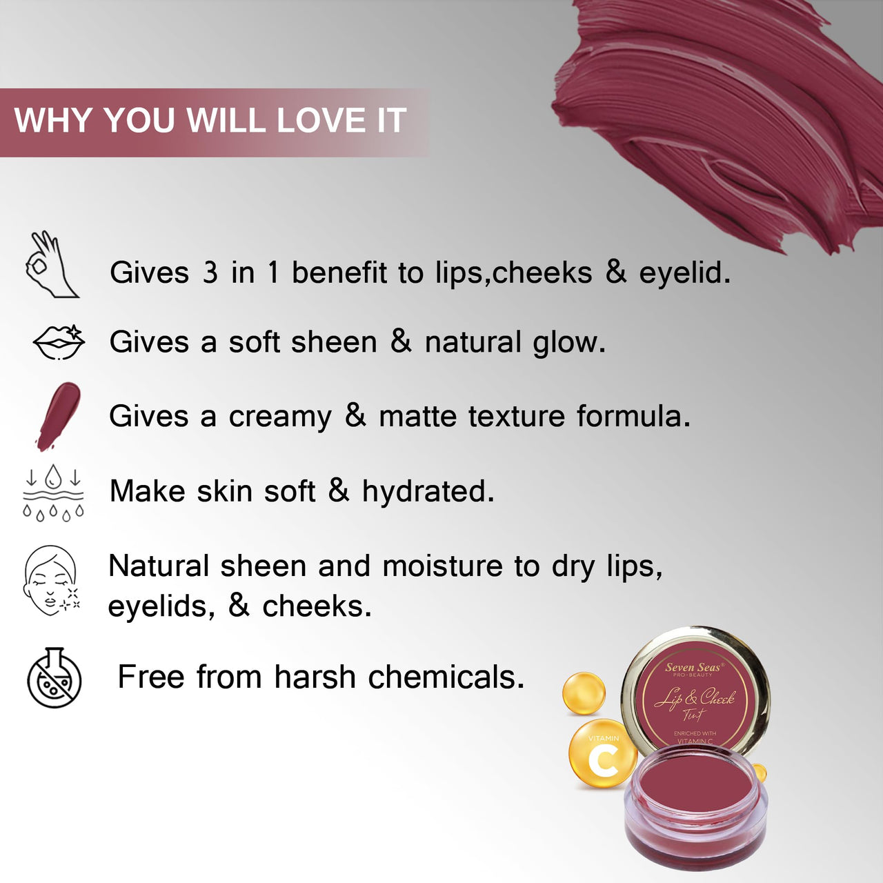 Seven Seas Lips & Cheek Tint Combo Pack of 2 | Matte Natural Blush for Women | Lip Tint with Vitamin E | Nourishing Cheek Tint (Crescent Red)