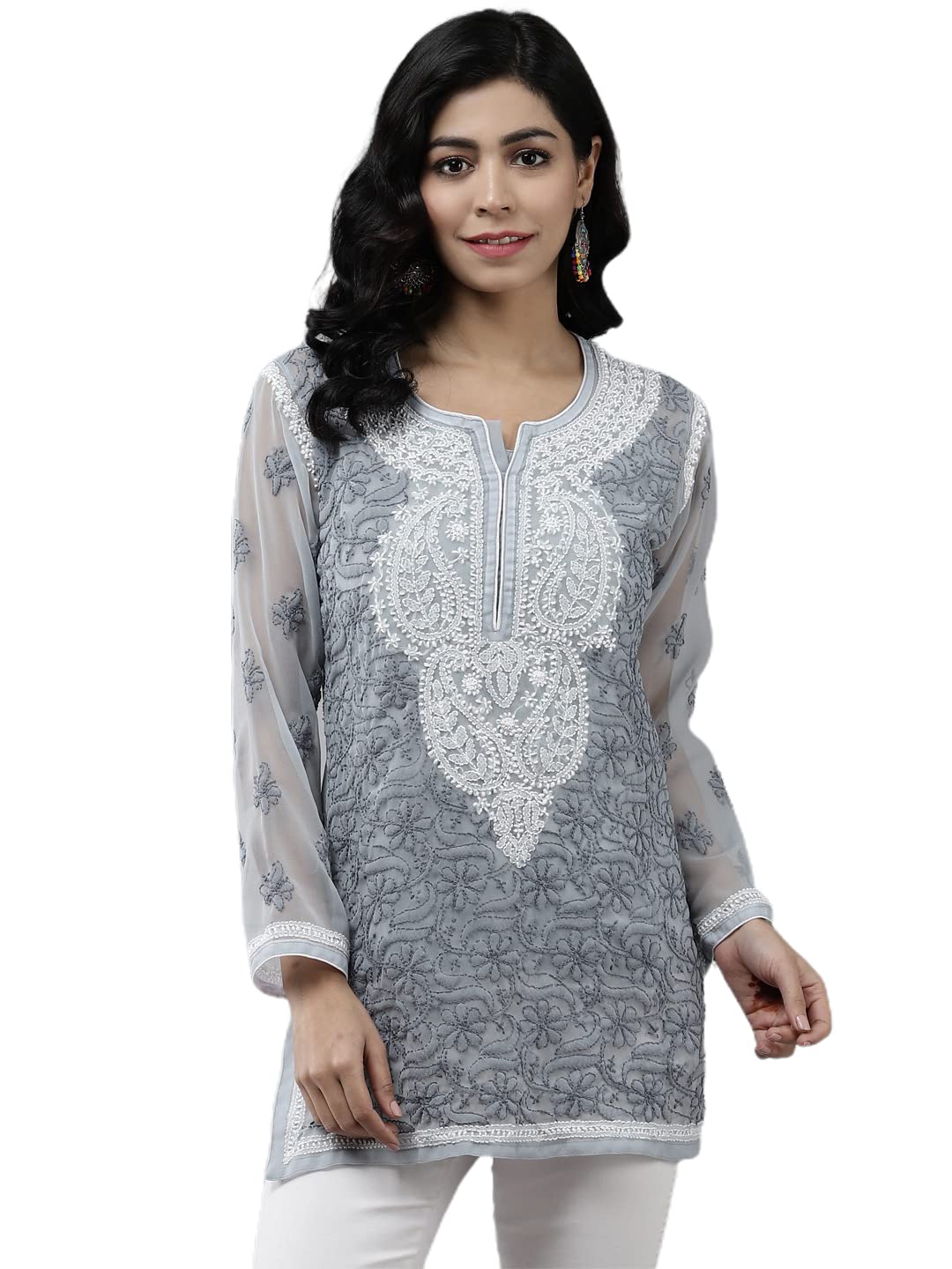 Ada Women's  Hand Embroidered Lucknowi Chikankari Georgette Short Top Kurti with Slip