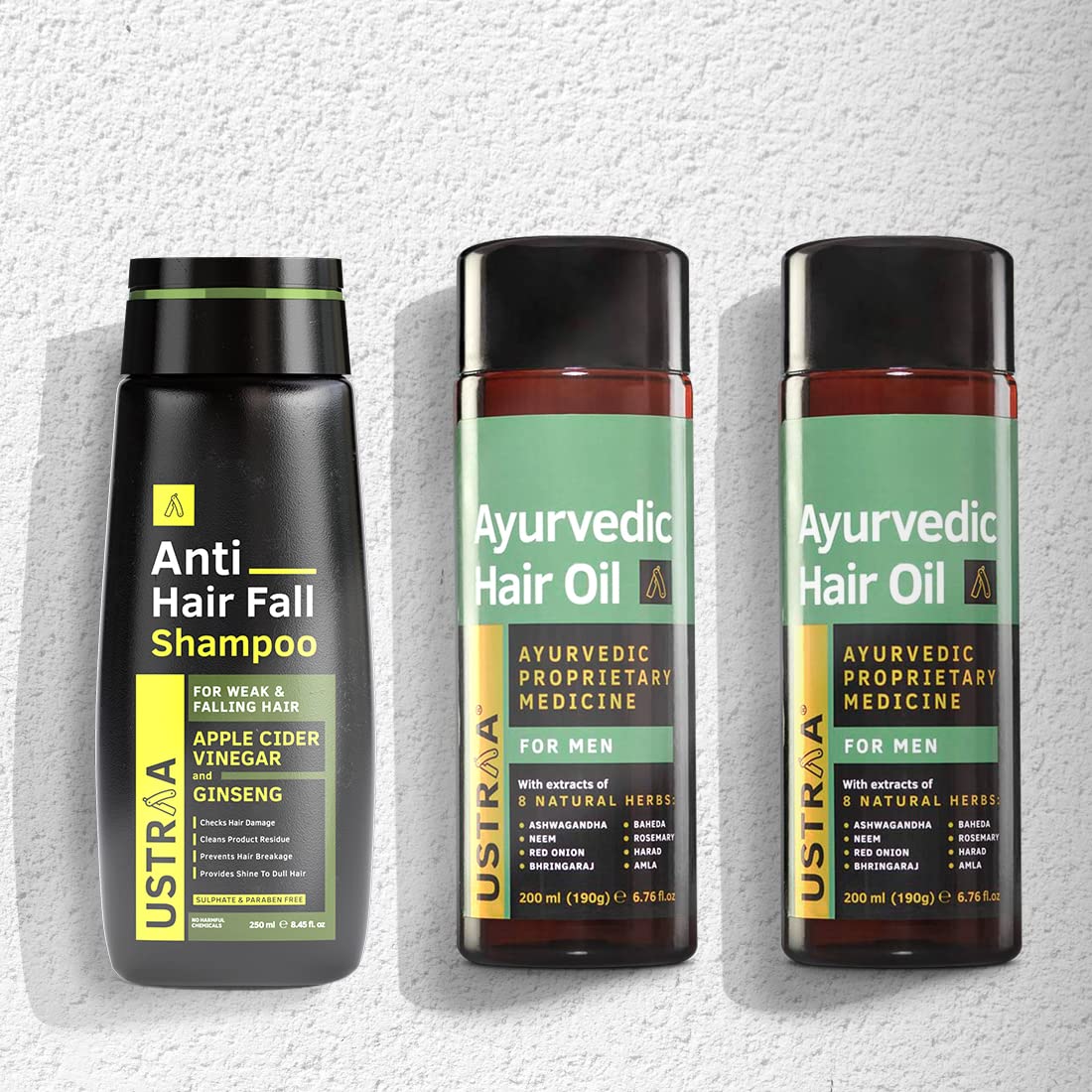 Ustraa Ayurvedic Hair Oil 2 x 200ml - (Set of 2) with 8 Natural Herb extracts, Fights Dandruff | & Anti Hair Fall Shampoo 250ml - Clinically tested to reduce hairfall by 64%, With Apple Cider Vinegar