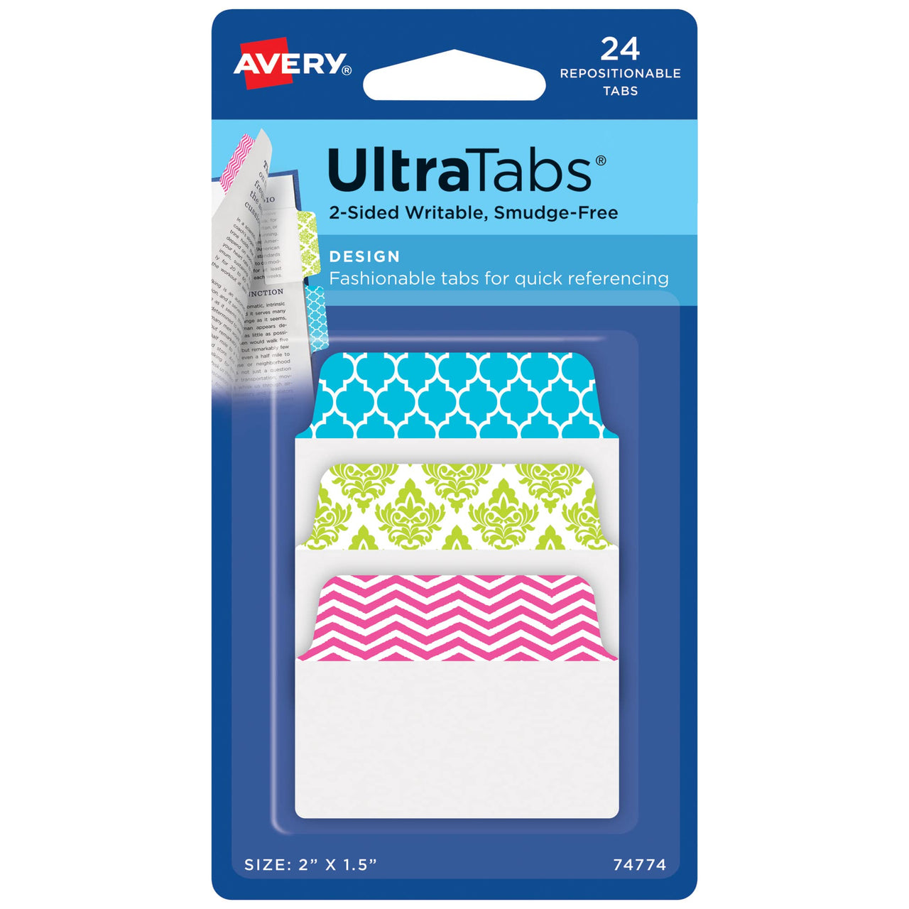 Avery Multiuse Ultra Tabs, 2" x 1.5", 2-Side Writable, Assorted Designs, 24 Repositionable Tabs (74774) 24 tabs