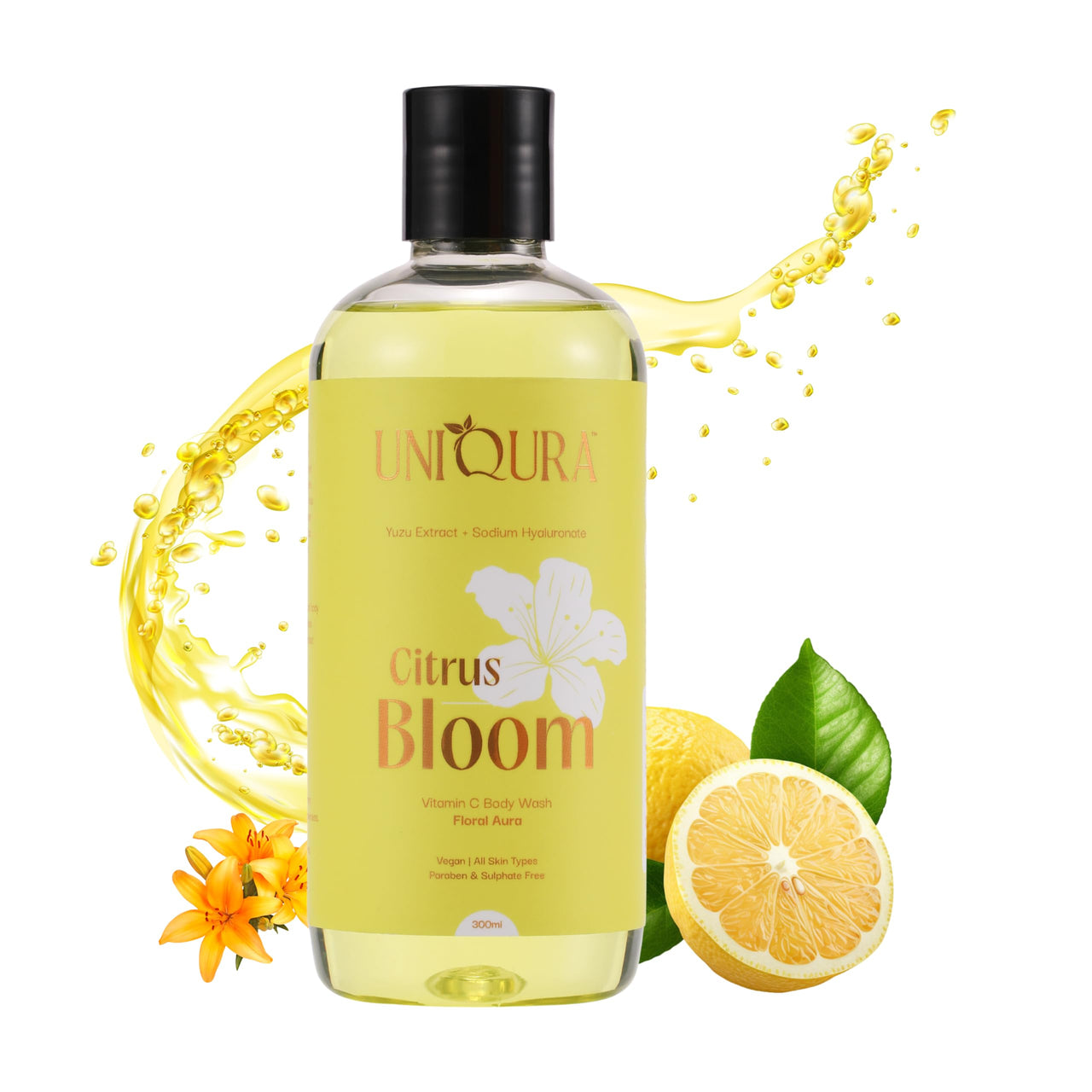 Uniqura Vitamin C Body Wash Shower Gel For Women With Yuzu Extract For Intense Moisturisation Brightens Skin, Evens-Tone & Reduces Sun Damage | Paraben & Sulphate Free Shower Gel For Men | Citrus Body Wash For Women 300Ml