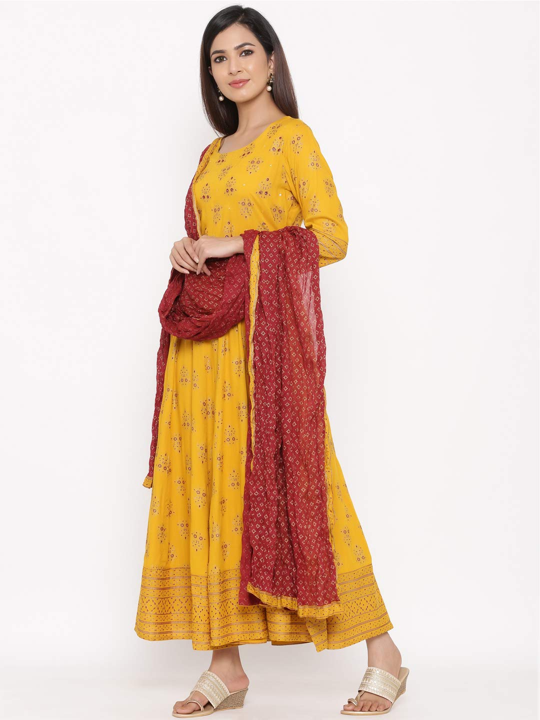 KIPEK Women's  Rayon Round Neck Anarkali Kurta with Dupatta in Mustrad Yellow Color Latest Kurti Designed for Casual Function wear Comfy and Smooth in Any Occasions