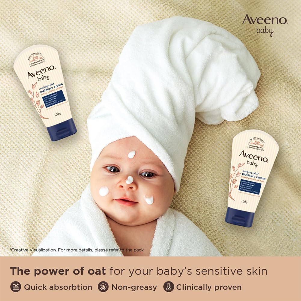 Aveeno Baby Soothing Relief Moisture Cream 100g 24-Hour Protection for Dry, Itchy, Sensitive Skin | Clinically Proven | Active natural oats | US pediatrician recommended | Hypoallergenic, fragrance-free & paraben-free