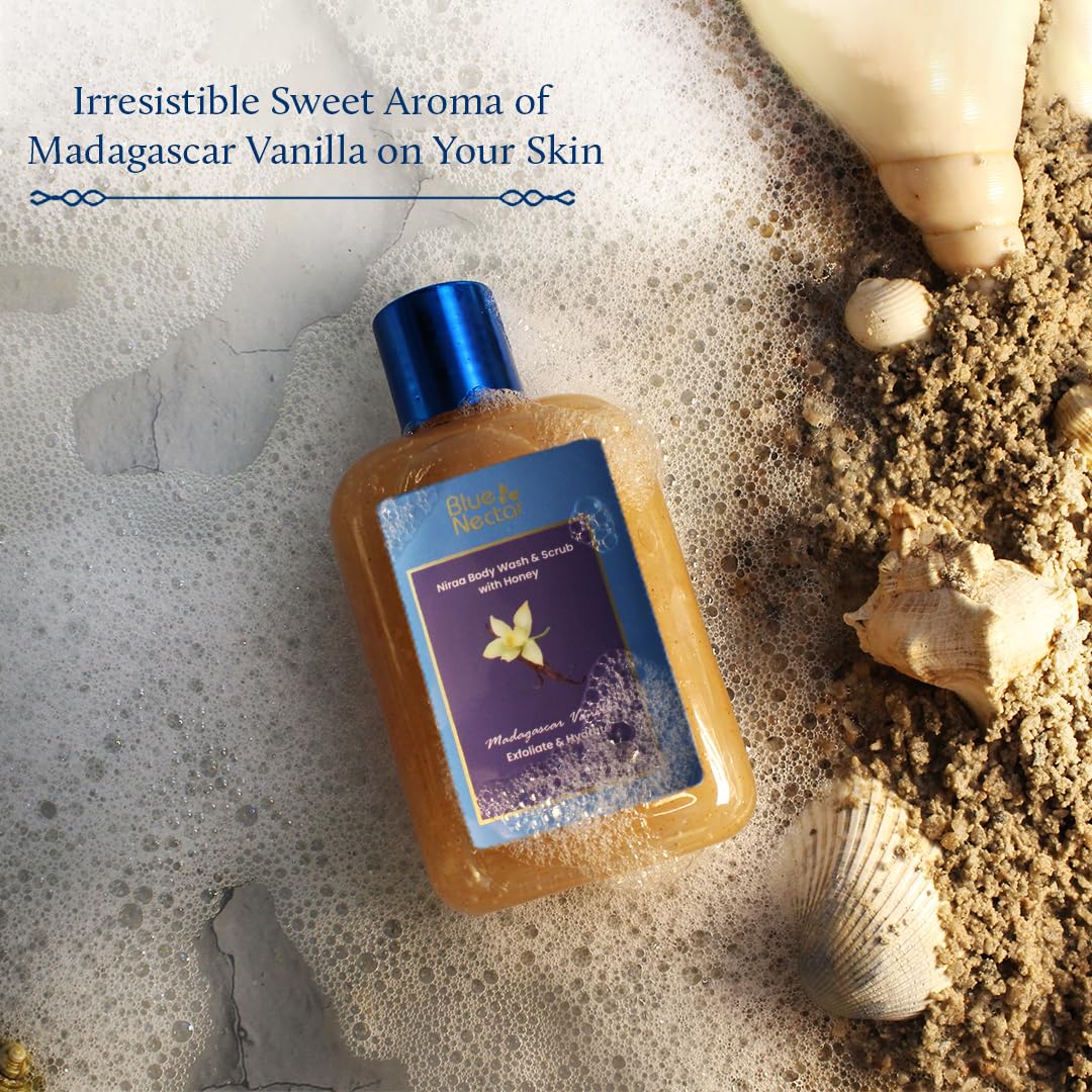 Blue Nectar Exfoliating Body Wash & Scrub for Rough & Bumpy Skin | Madagascar Vanilla Tan Removal Body Scrub for Women & Men (10 herbs, 250ml)