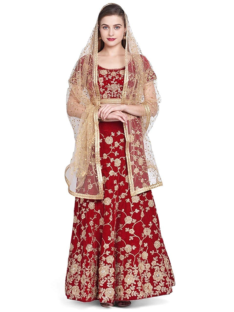 DUPATTA BAZAAR Women's  Embroidered Gold Net Dupatta DB1993
