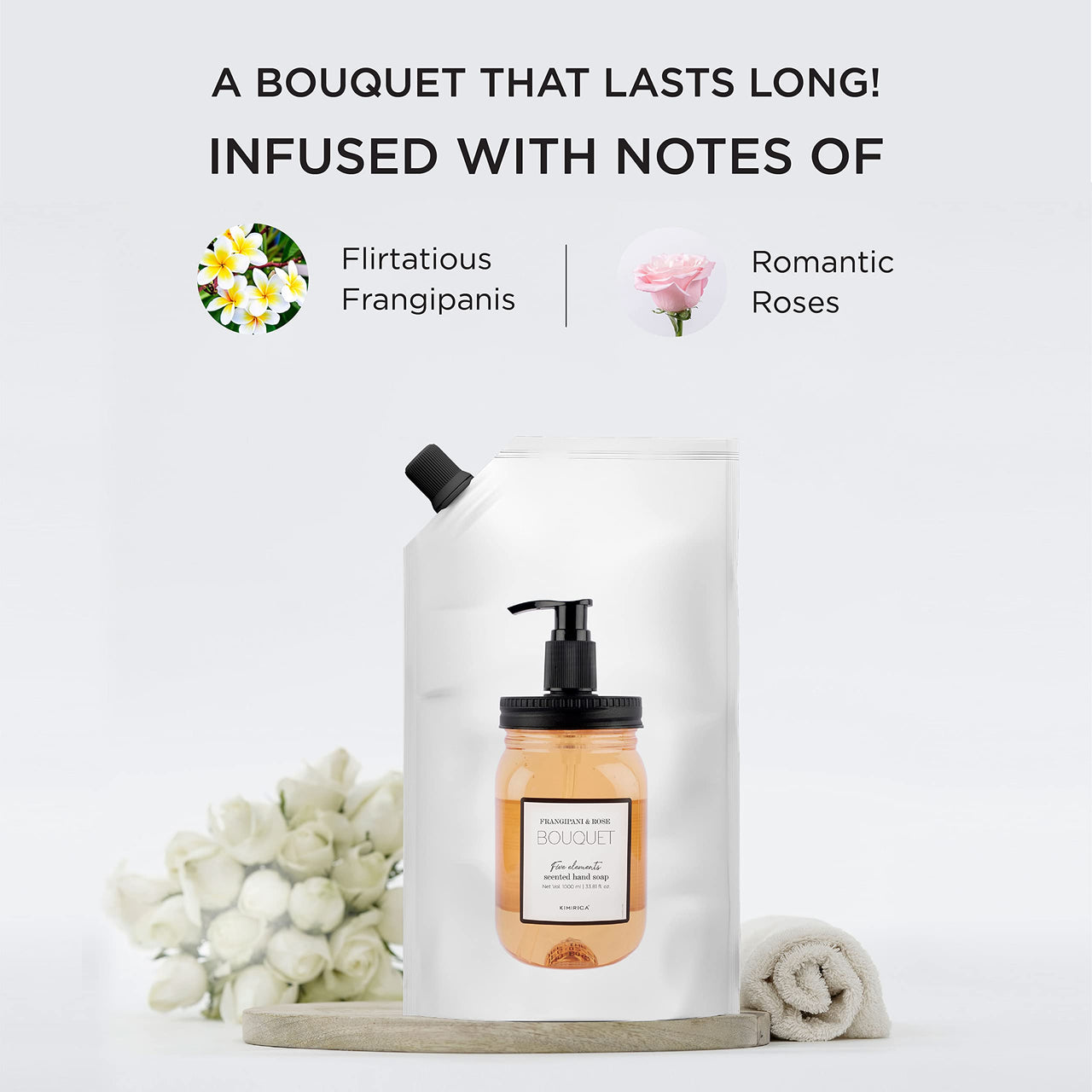 Kimirica Bouquet Foaming Liquid Hand Wash Refill Pack with Goodness of Frangipani and Rose, 100% Vegan & Paraben Free Moisturizing Hand Wash | Soft on Hands (1L)