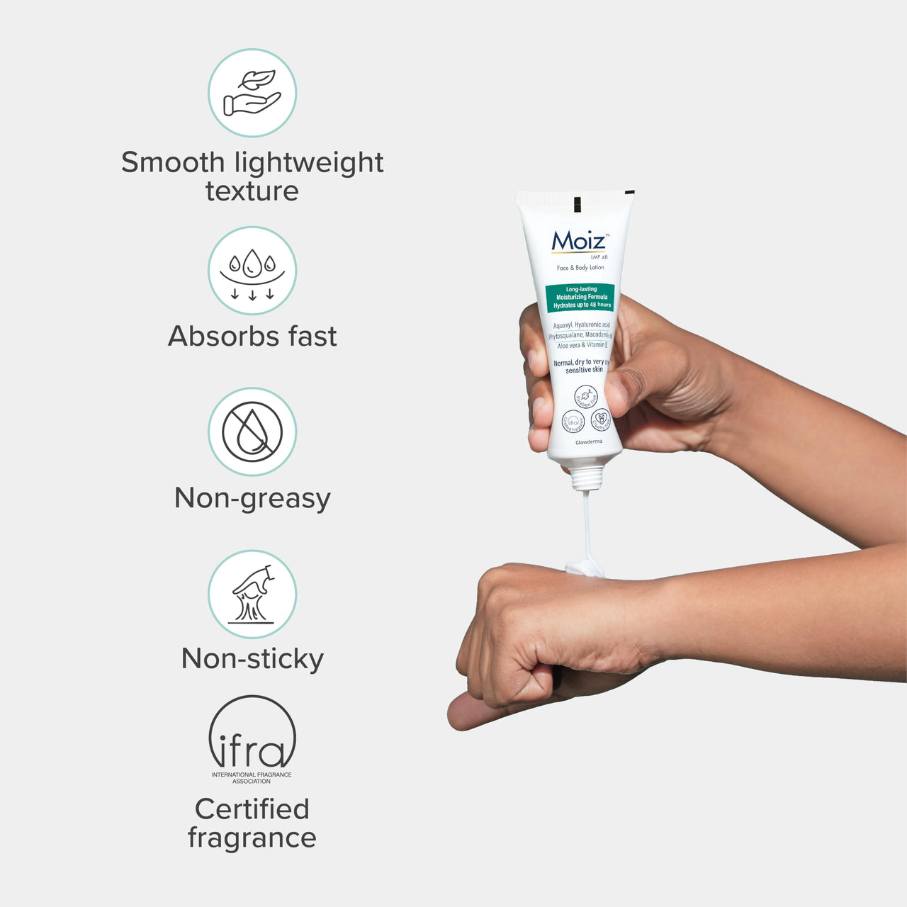 Moiz LMF 48 Lotion | 48 Hour Long-Lasting Moisturizer | Formulated with 17 Moisturizers | Non-Comedogenic | Paraben & Cruelty-Free - 75ml