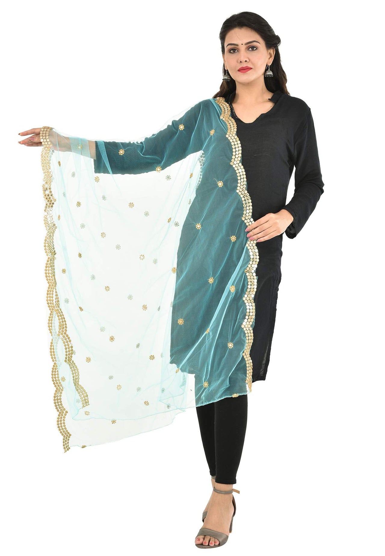 YOUTHQUAKE Heavy Embellished Plastic Mirror Net Dupatta for Womens & Girls