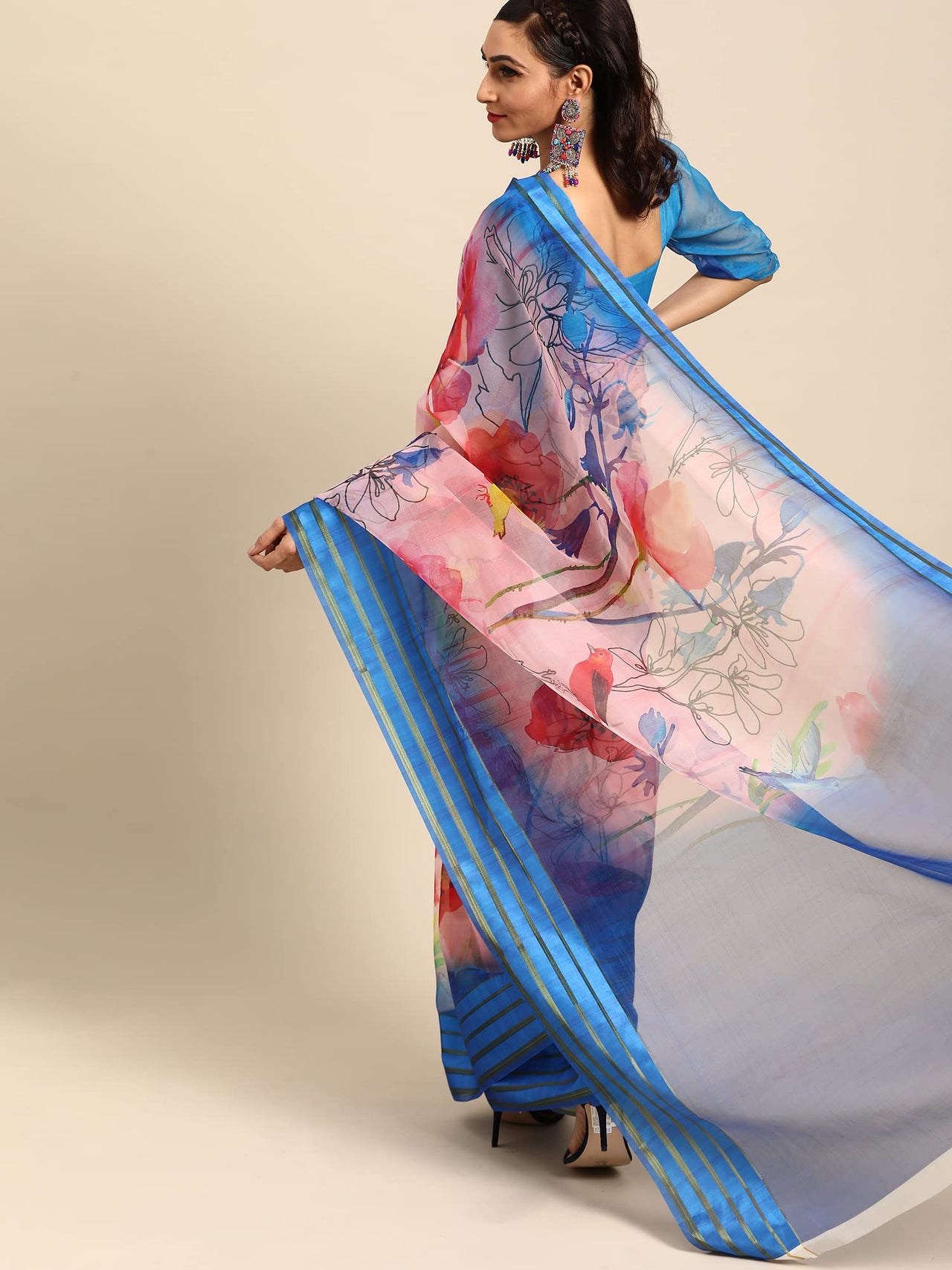 AKHILAM Women's  Knit Floral Printed Organza Saree with Unstitched Blouse Piece (FF0SAGE10_Parent)