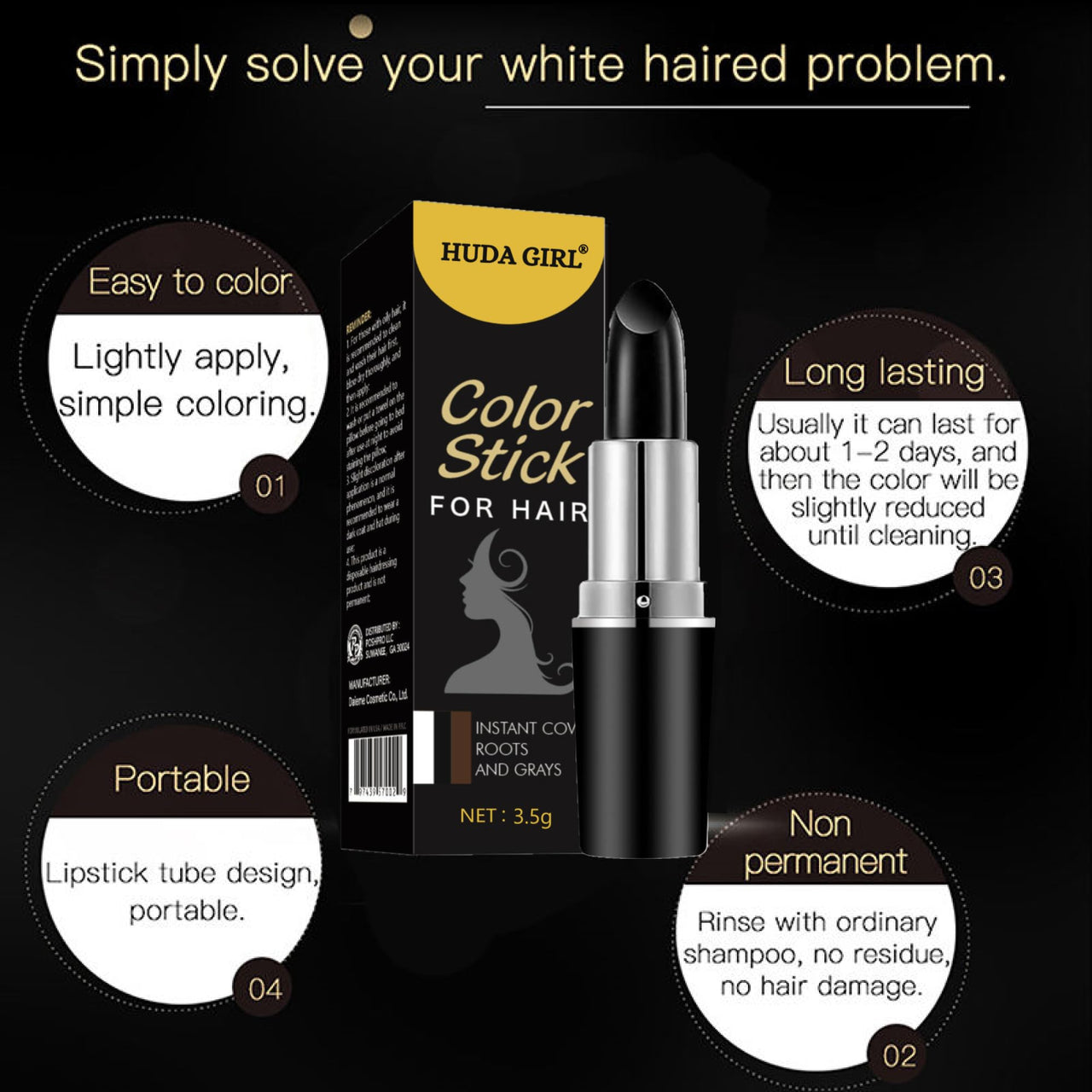 HUDA GIRL Natural Hair Color Root Touch Up For Grey Hair, Non-Toxic White Hair Coverage Touch Up Hair Dye Pencil For Men & Women (Black, 1 count)