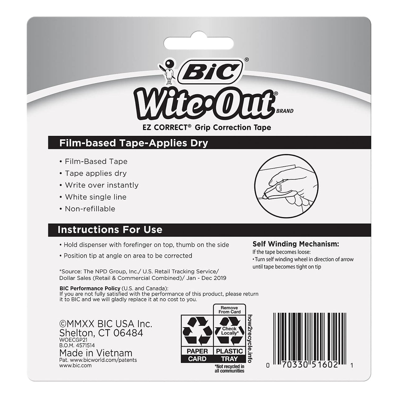 BIC Wite-Out Brand EZ Correct Grip Correction Tape, 33.5 Feet, 2-Count Pack of white Correction Tape, Fast, Clean and Easy to Use Tear-Resistant Tape Office or School Supplies