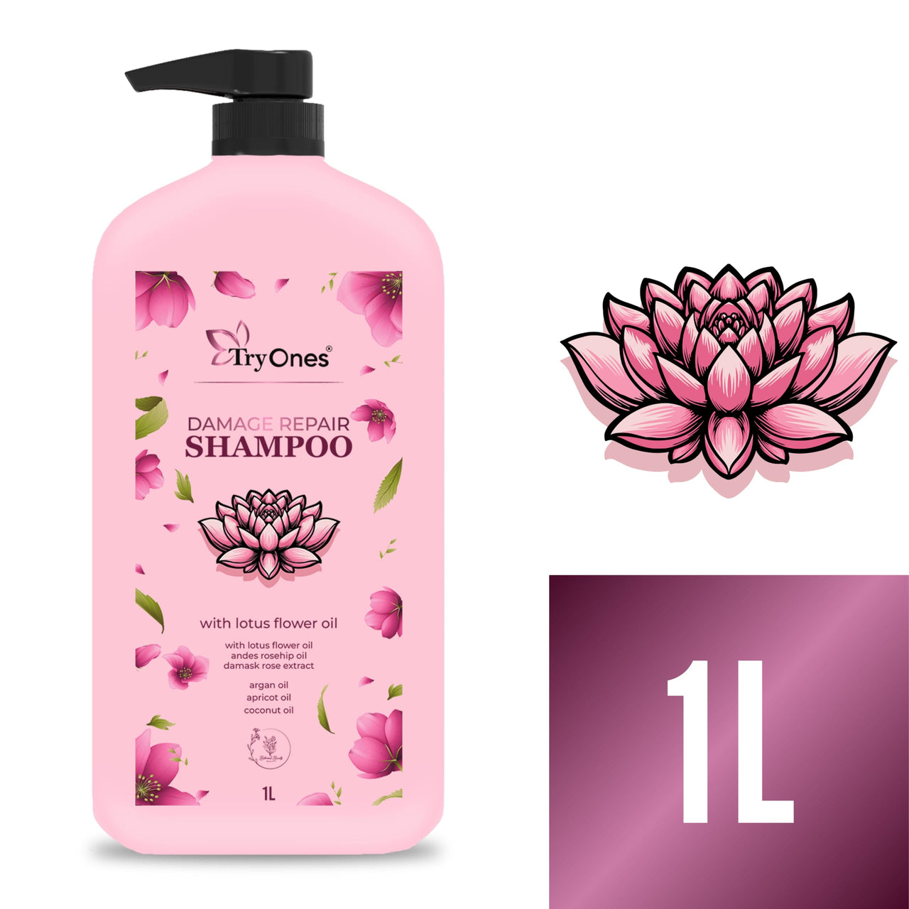 TryOnes Damage Repair Shampoo With Hibiscus & Curry Leaves for Strong & Nourished Hair For Dry & Frizzy Hair | For Smoother, Shinier Hair 1000 ml