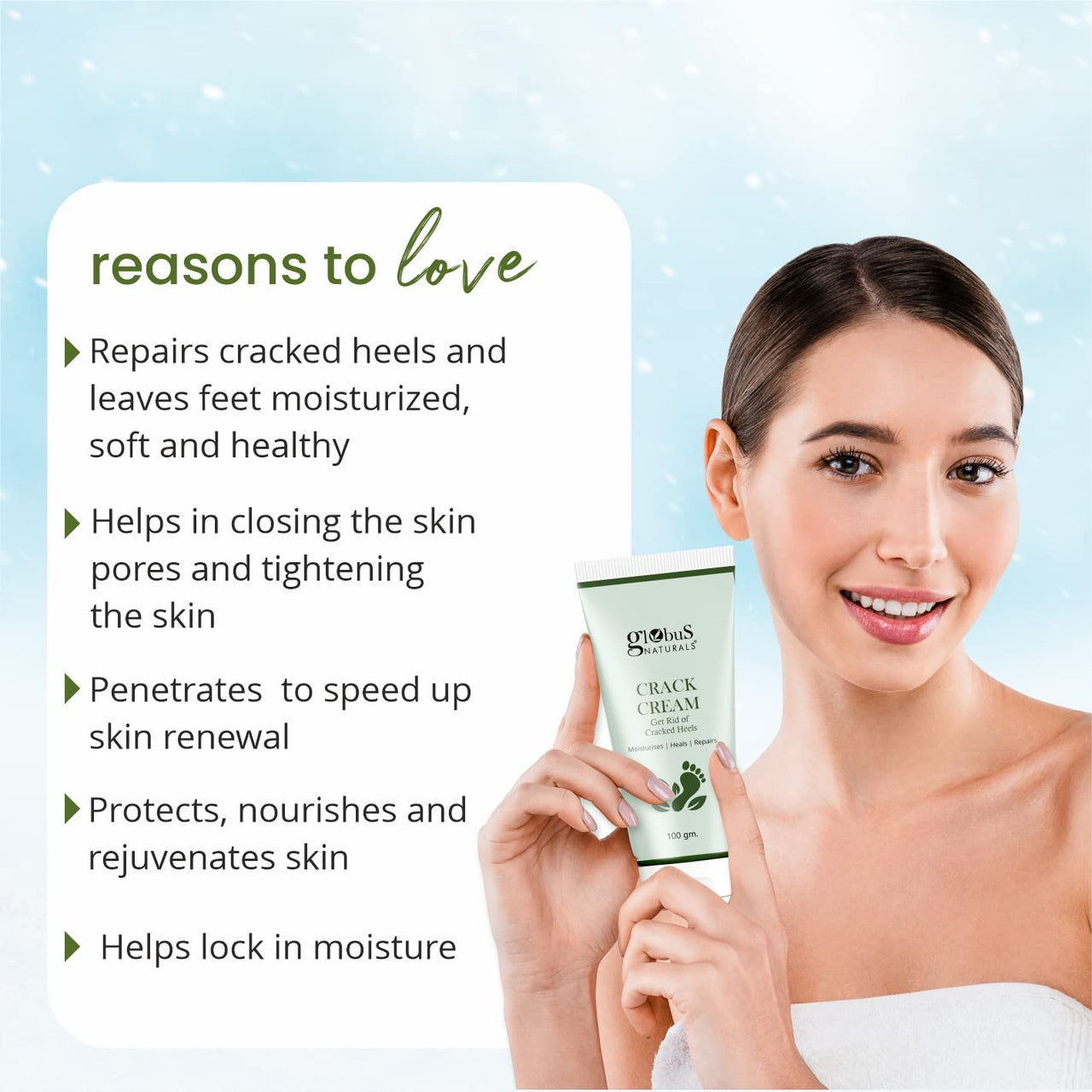 Globus Naturals Crack Cream for Dry Cracked Heels & Feet Enriched with Aloe Vera, Almond & Anantmool, Suitable For All Skin Types, 100g (pack of 1)