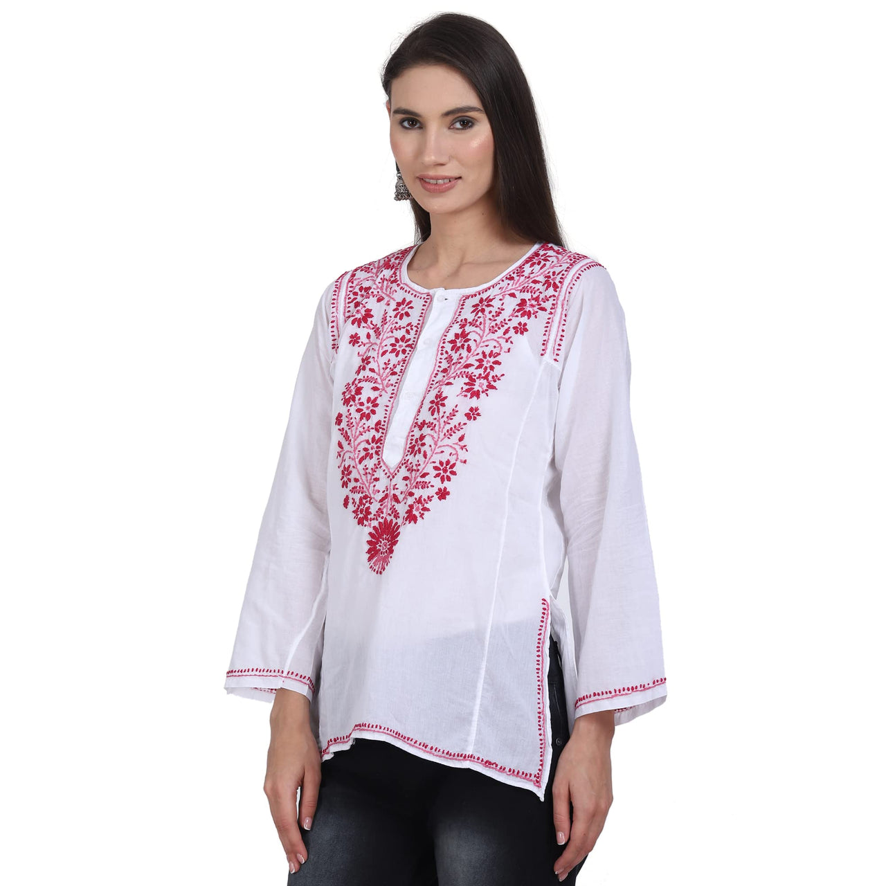 Paramount Women's  Chikankari Cotton White Straight Short Kurta Navy XS