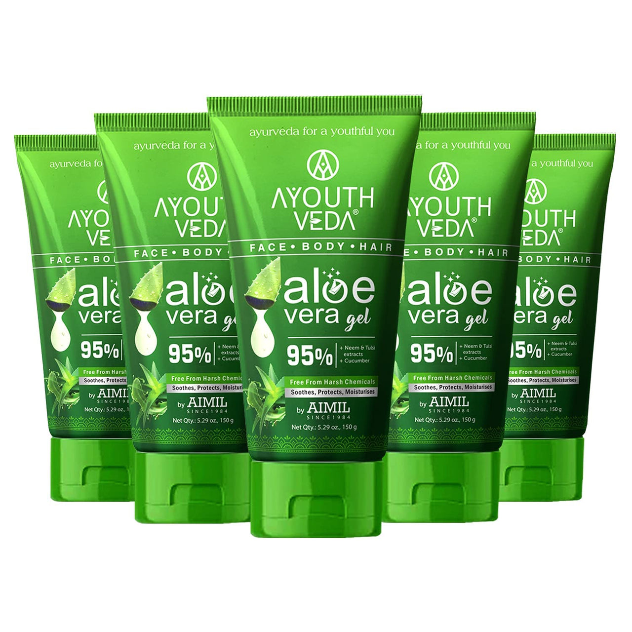 Ayouthveda Aloe Vera Gel 150 gm for Face, Body & Hair | Aloe Vera Skin/Hair Gel With Neem & Tulasi Vitamin Extracts | Calms Sunburn & Promotes Even Skin Tone (Pack Of 5; 150gm each)