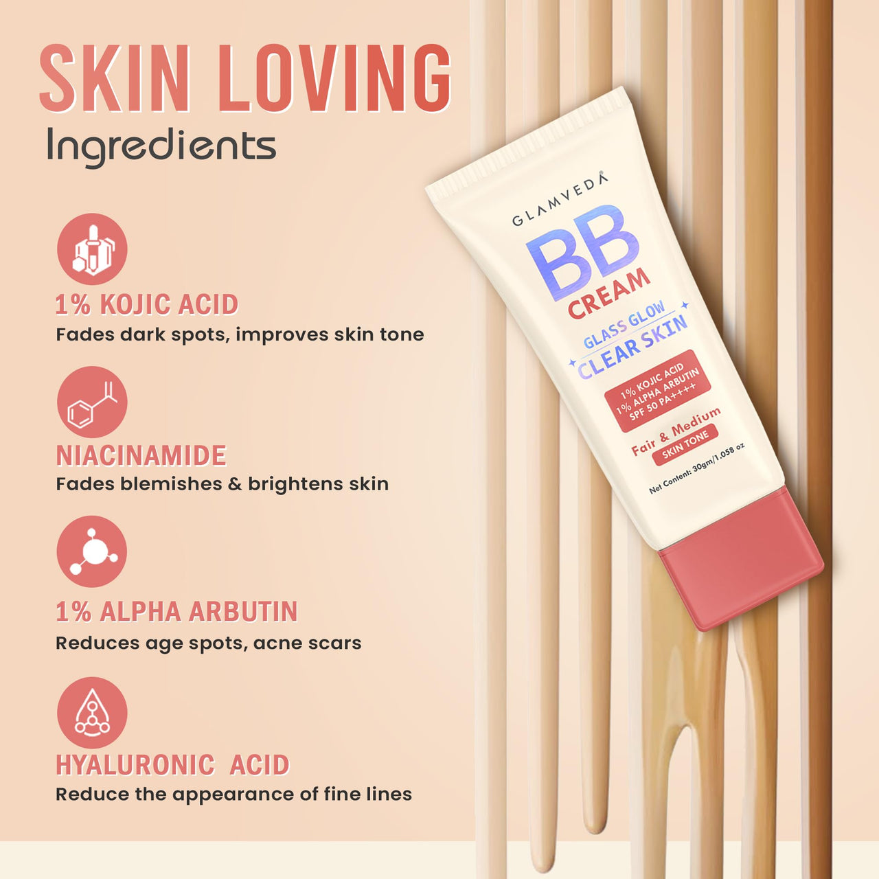 Glamveda BB Cream for Fair & Medium Skin Tone With SPF 50++++ | Lightweight, Non-Sticky & Waterproof | Covers Dark Spots & Evens Skin Tone | Natural, Dewy Finish | Hydrating & Durable (30 gm)