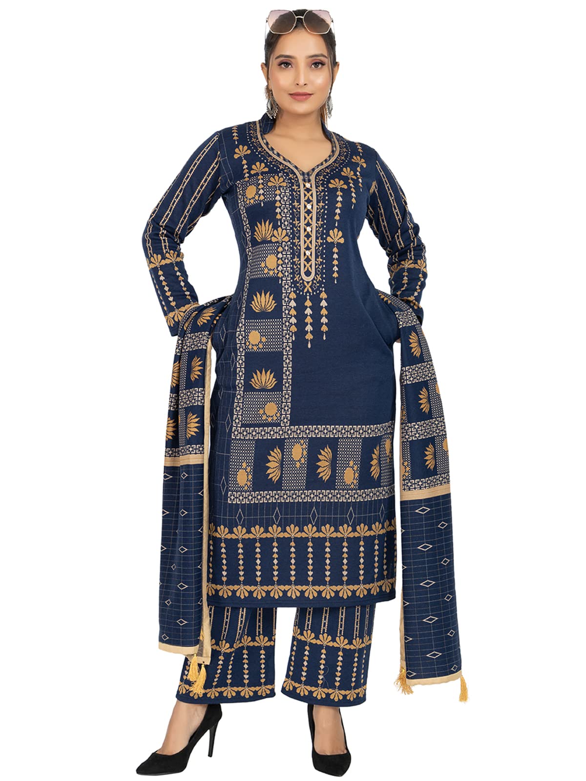 Rosary Women's  Woolen Winter Wear Mandarin Neck Full Sleeve Two Side Pocket Straight Kurta with Palazzo & Stole Set of 3 pc M Navy