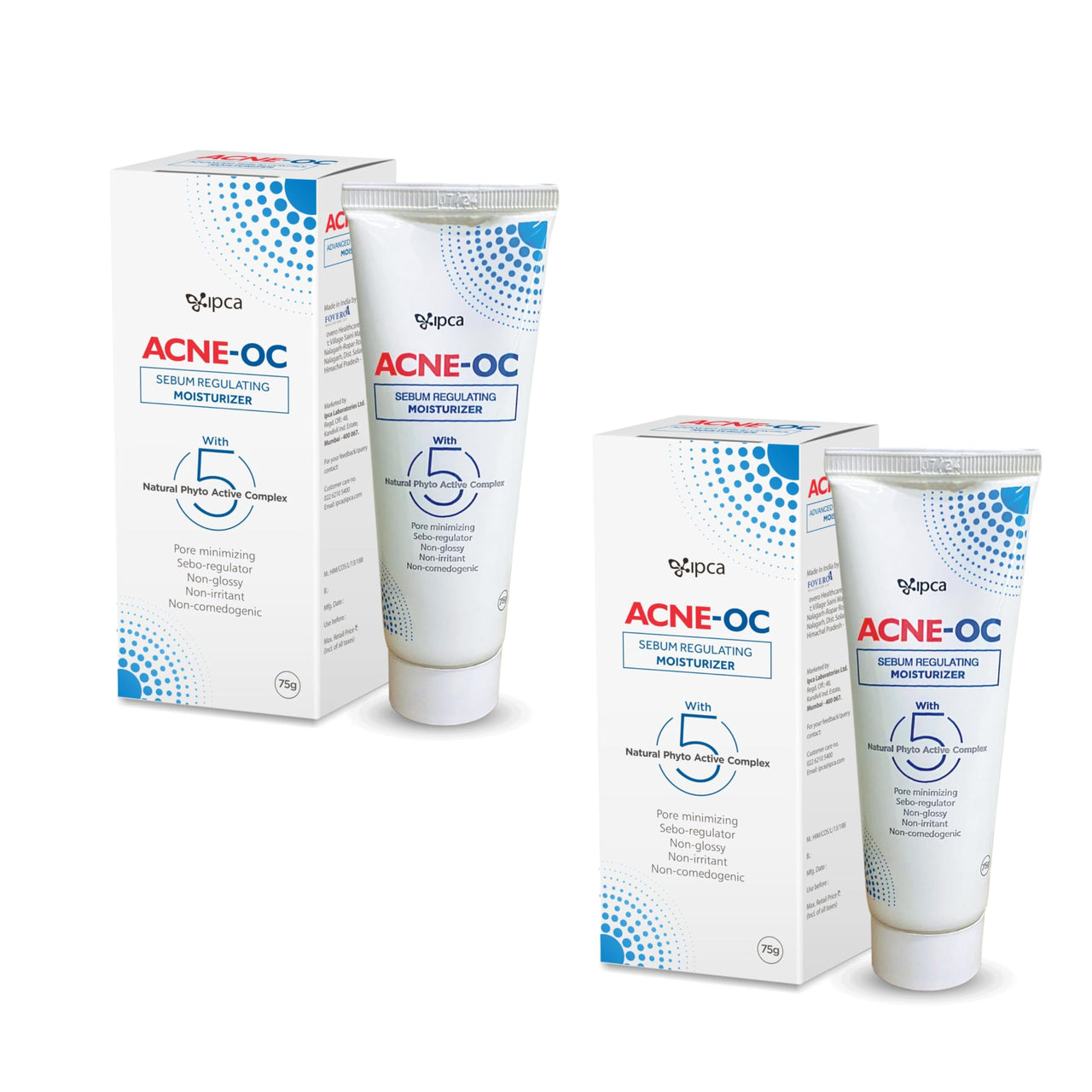ACNE-OC Moisturiser for Oily & Acne-Prone Skin - 75g (Pack of 2) Sebum Regulating Moisturizer for Face with 5 Natural Phyto Active Complex - Hydrates & Restores Skin - Fast Absorbing Non-Comedogenic Moisturizer