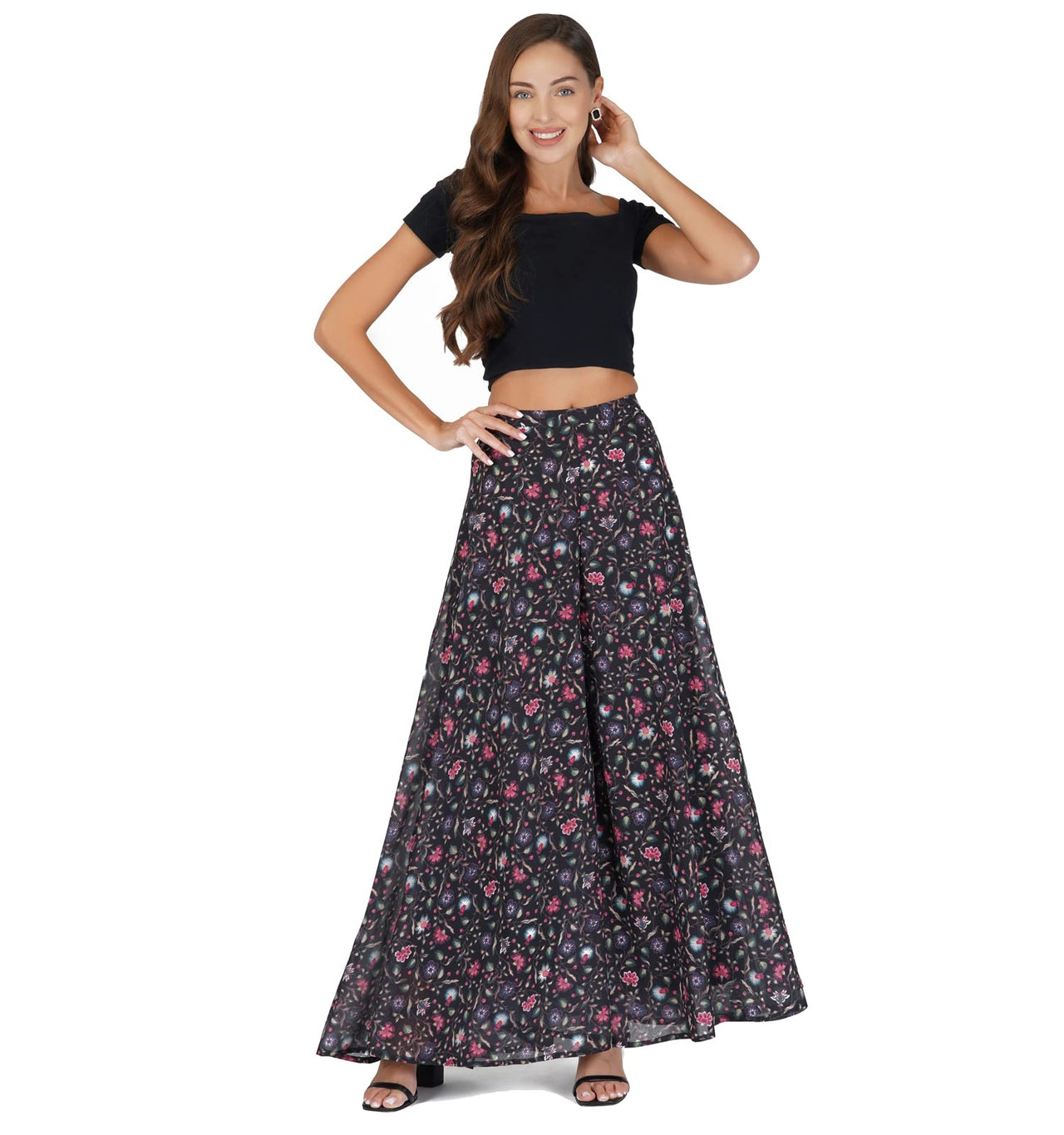 RATAN Women’s Georgette Flared Freesize Sharara Palazzo Pant with Lining M Maroon